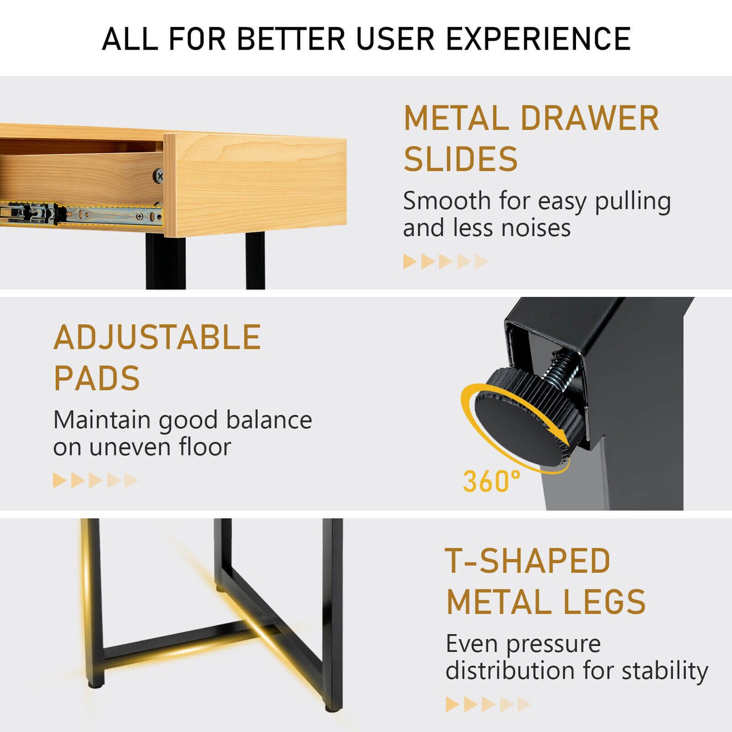 48 Inch Computer Desk with Metal Frame and Adjustable Pads-Natural