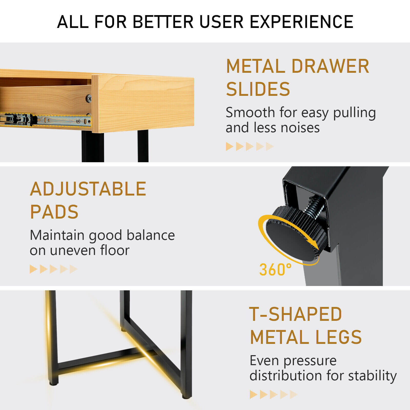 48 Inch Computer Desk with Metal Frame and Adjustable Pads-Natural