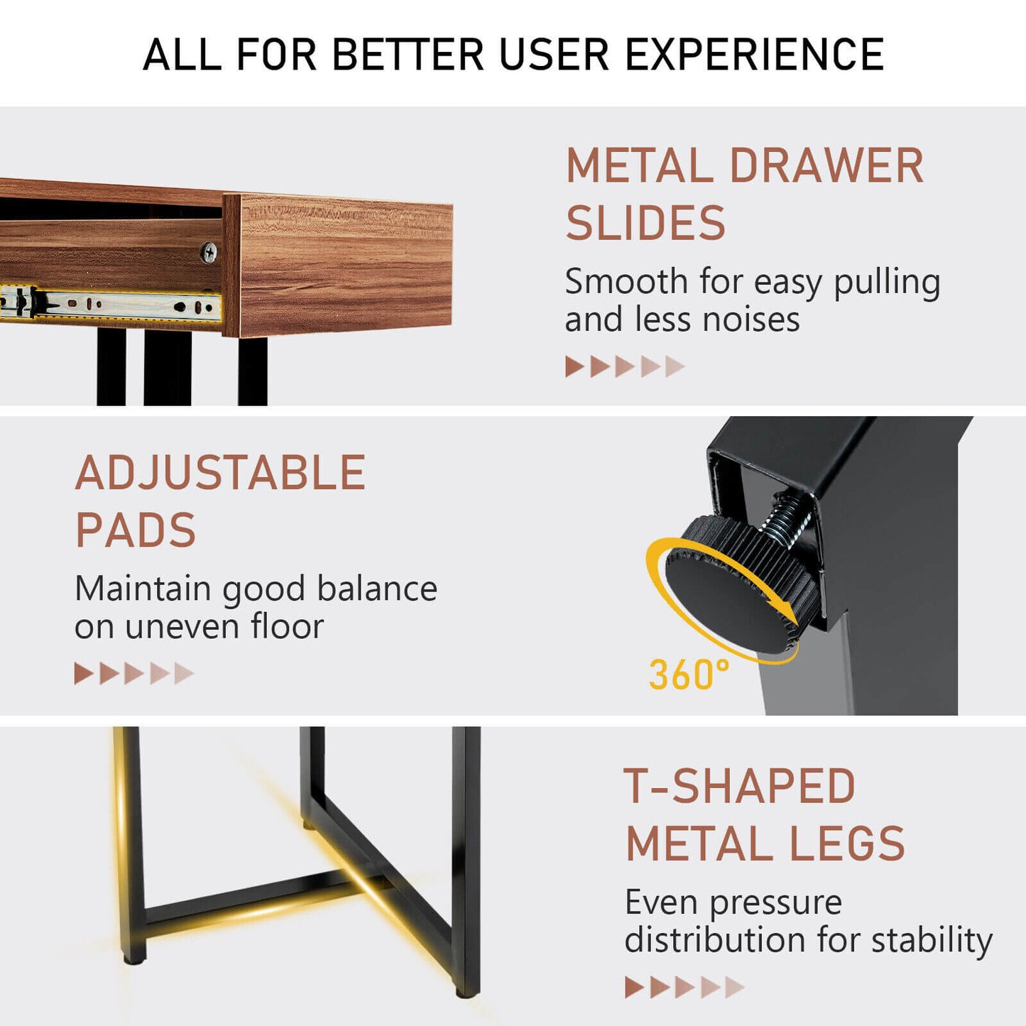 48 Inch Computer Desk with Metal Frame and Adjustable Pads-Walnut