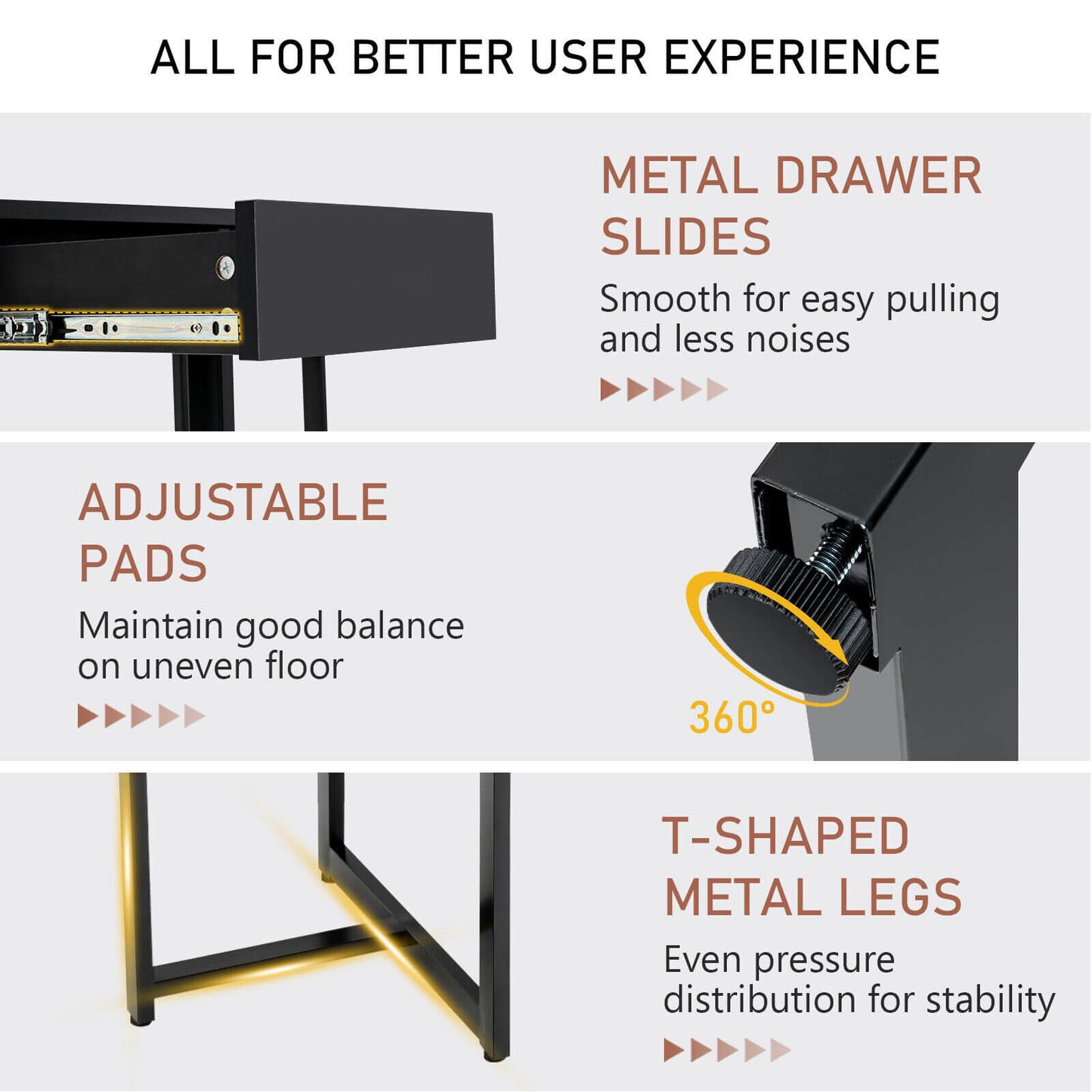 48 Inch Computer Desk with Metal Frame and Adjustable Pads-Black
