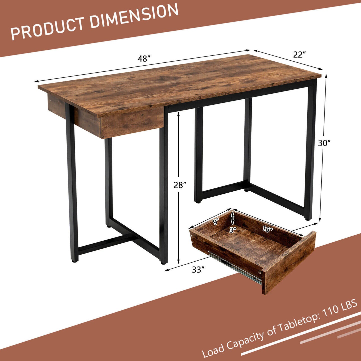 48 Inch Computer Desk with Metal Frame and Adjustable Pads-Brown