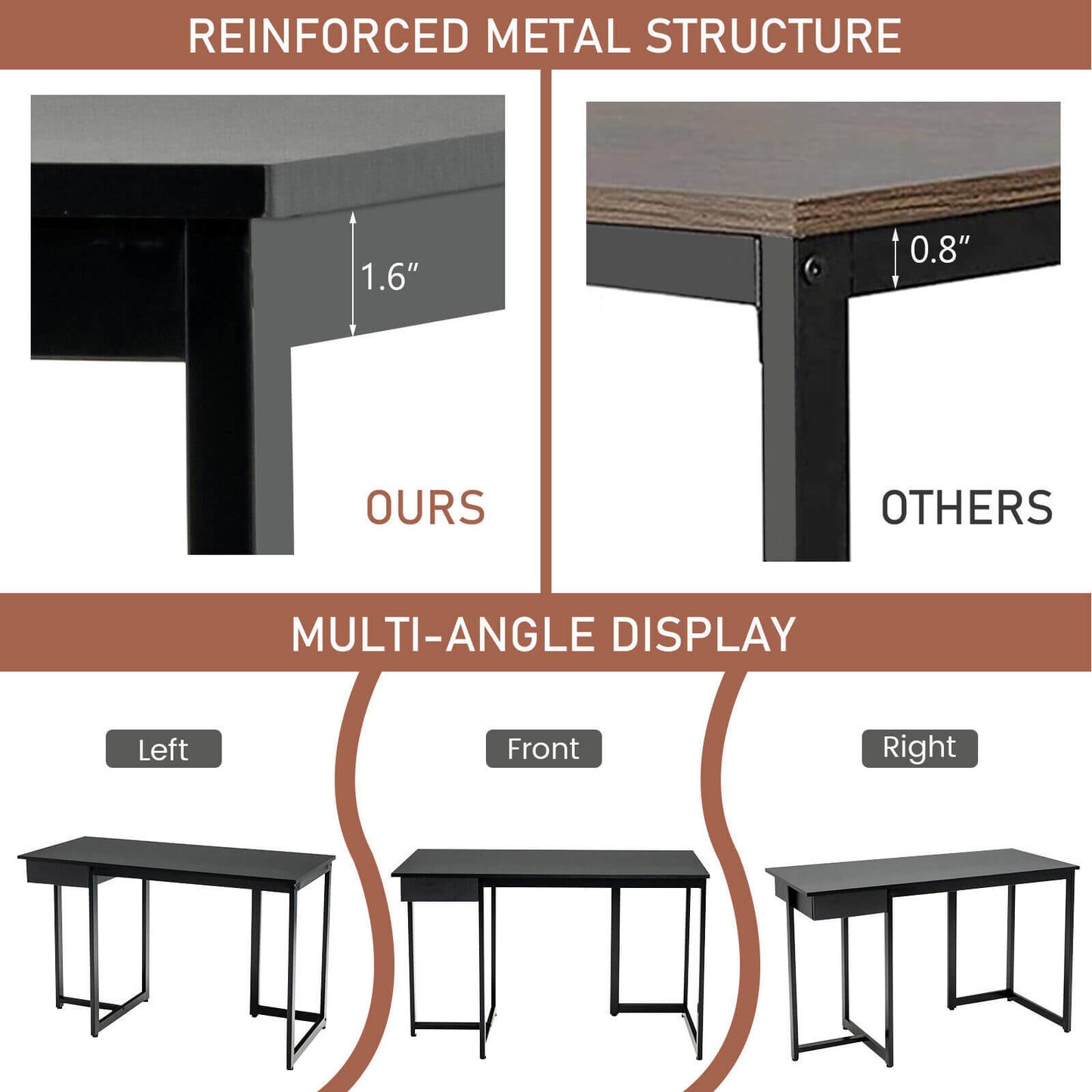 48 Inch Computer Desk with Metal Frame and Adjustable Pads-Black