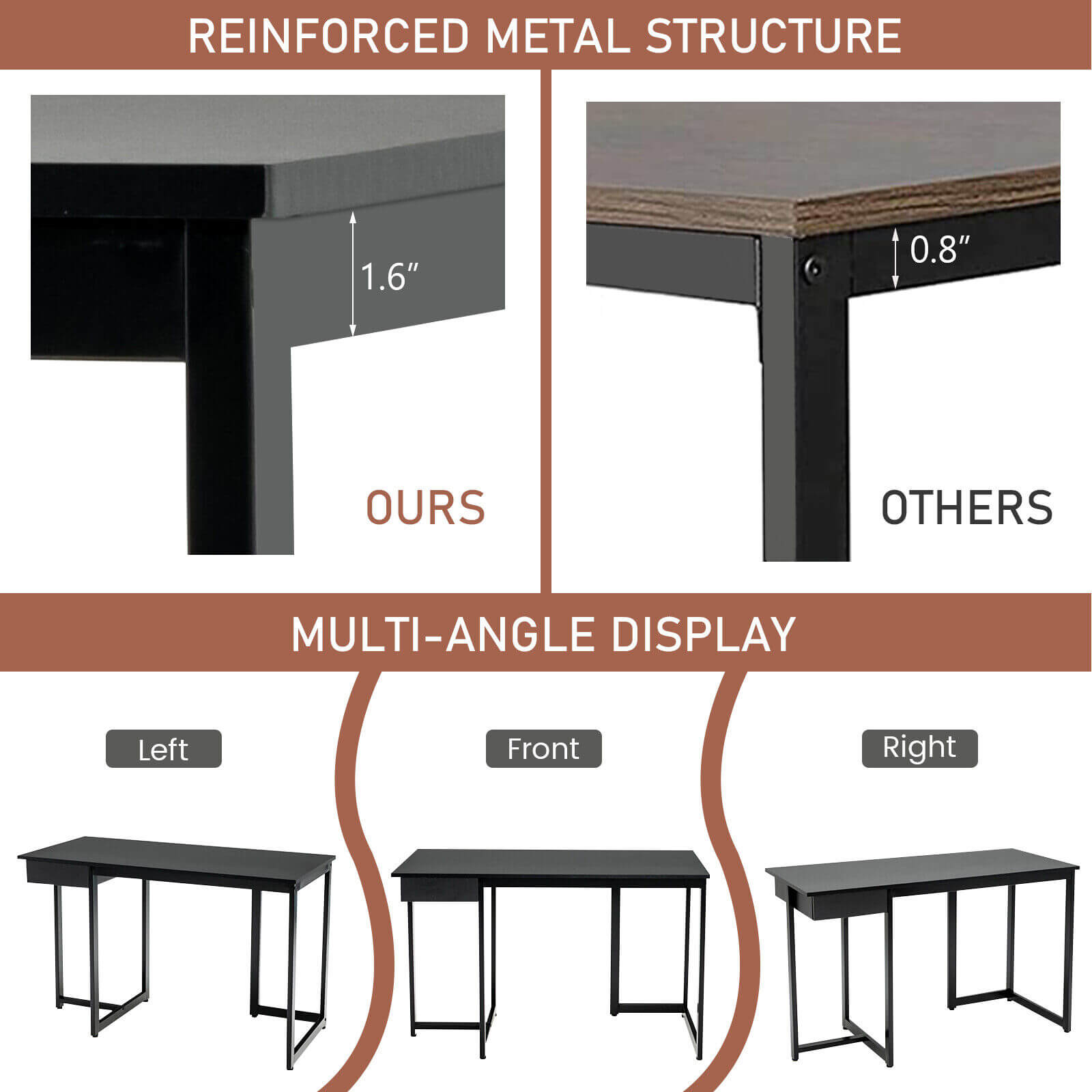 48 Inch Computer Desk with Metal Frame and Adjustable Pads-Black