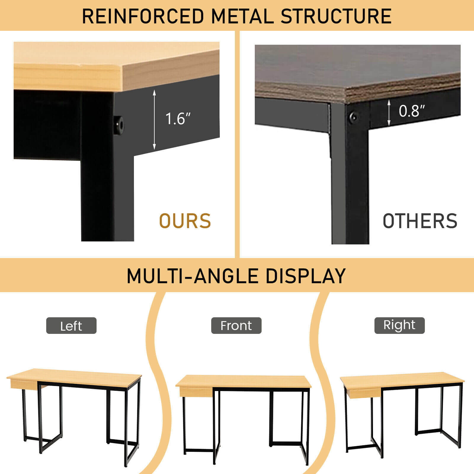 48 Inch Computer Desk with Metal Frame and Adjustable Pads-Natural