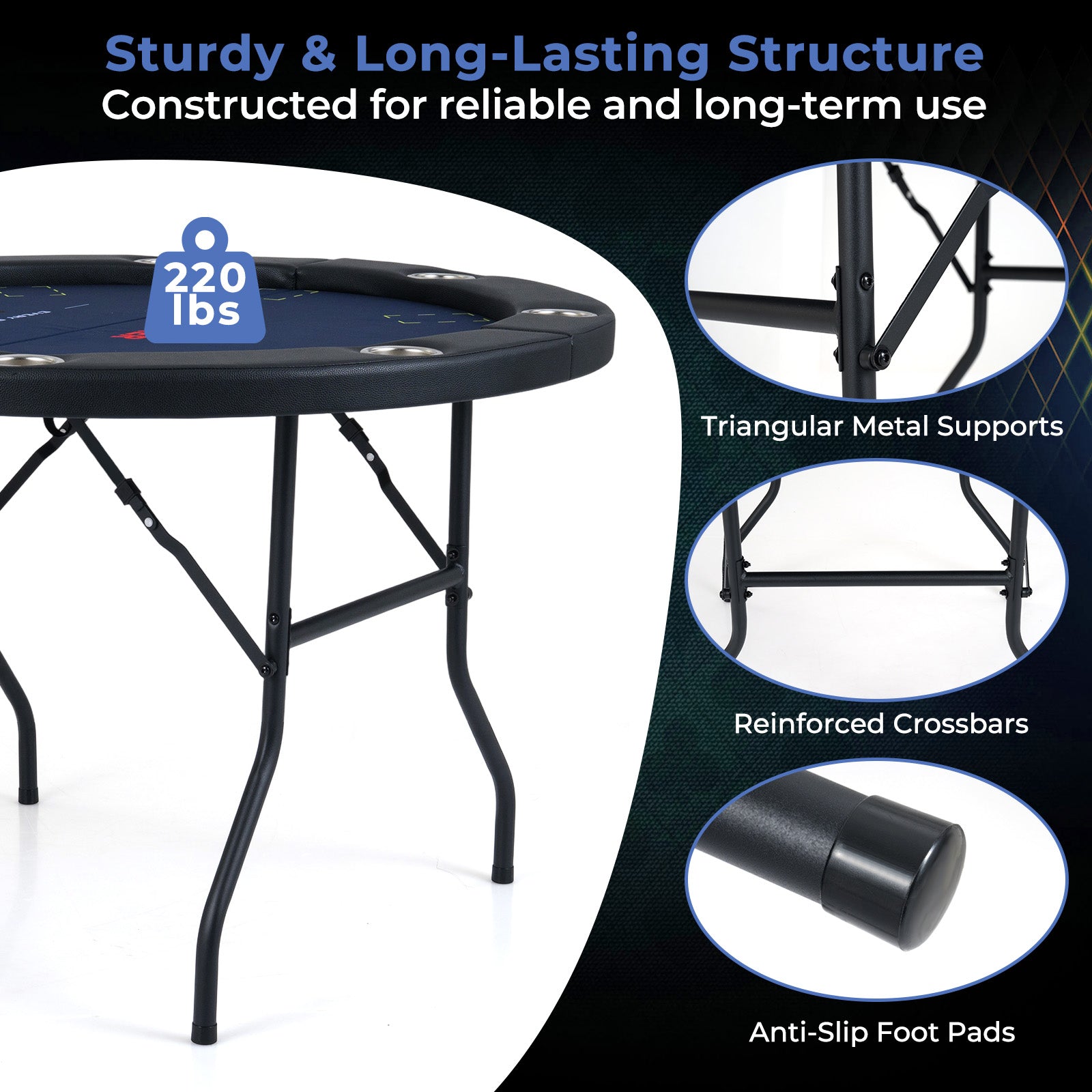 48 Inch Foldable Poker Table with 8 Cup Holders and Padded Edges-Blue