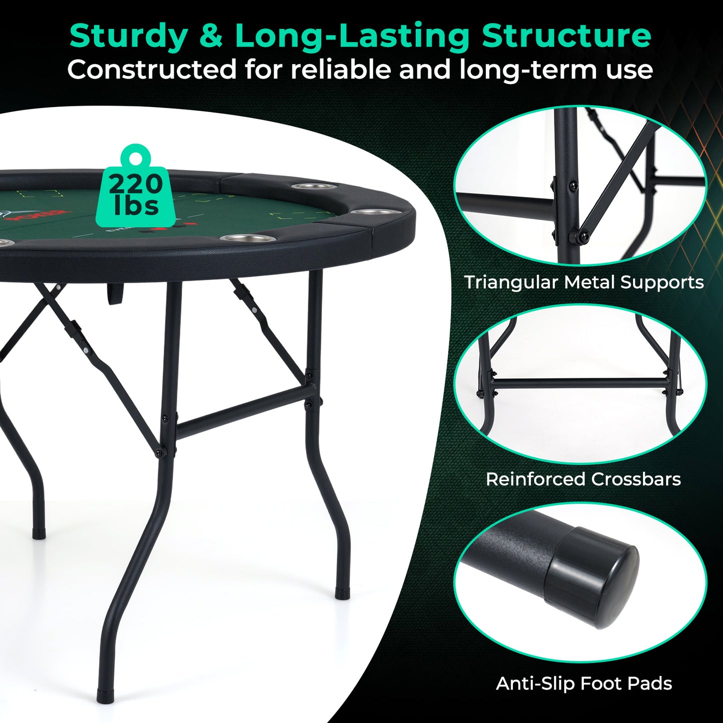 48 Inch Foldable Poker Table with 8 Cup Holders and Padded Edges-Green
