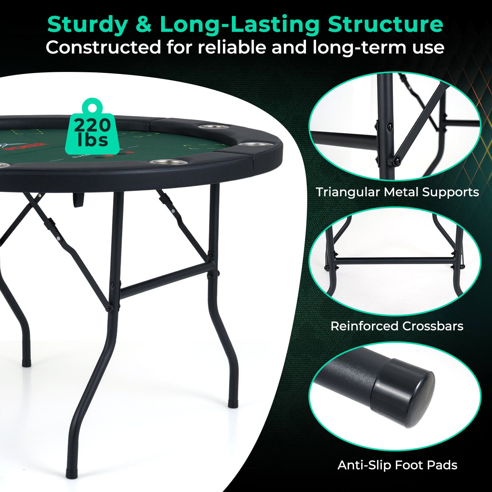 48 Inch Foldable Poker Table with 8 Cup Holders and Padded Edges-Green
