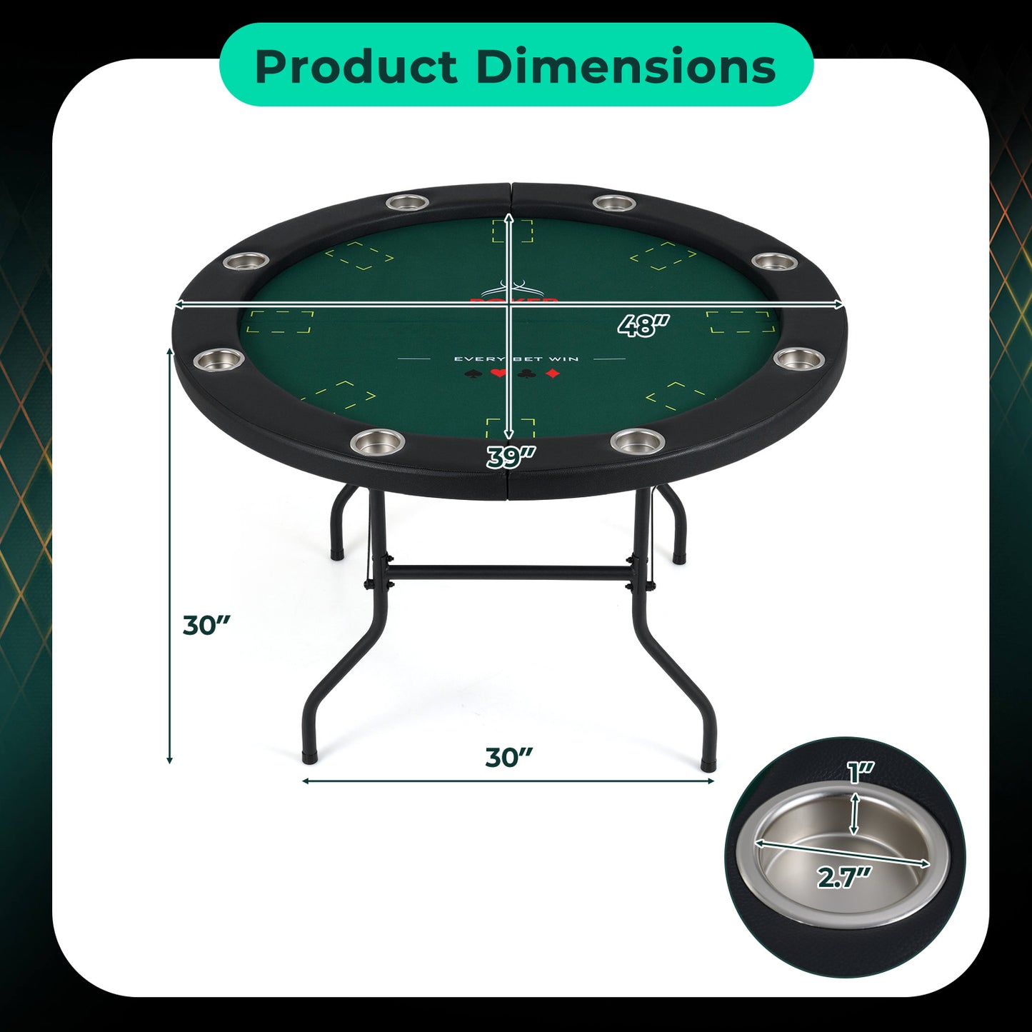48 Inch Foldable Poker Table with 8 Cup Holders and Padded Edges-Green