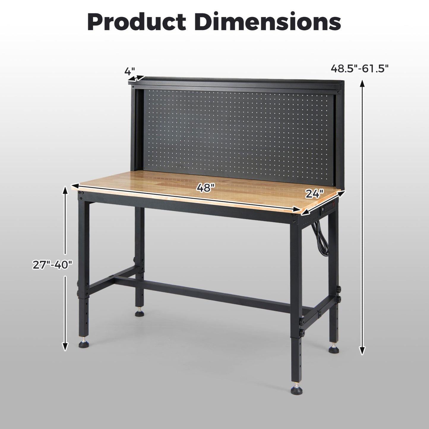 48 Inch Heavy Duty Workbench with AC/USB Outlets and Pegboard-Natural