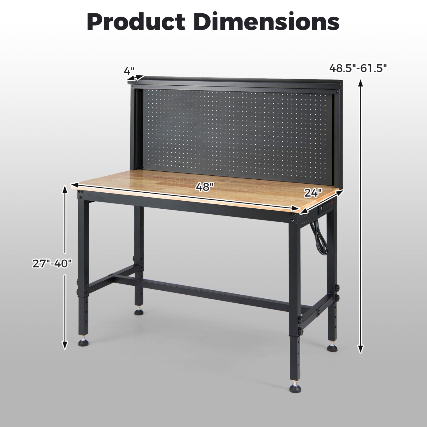 48 Inch Heavy Duty Workbench with AC/USB Outlets and Pegboard-Natural