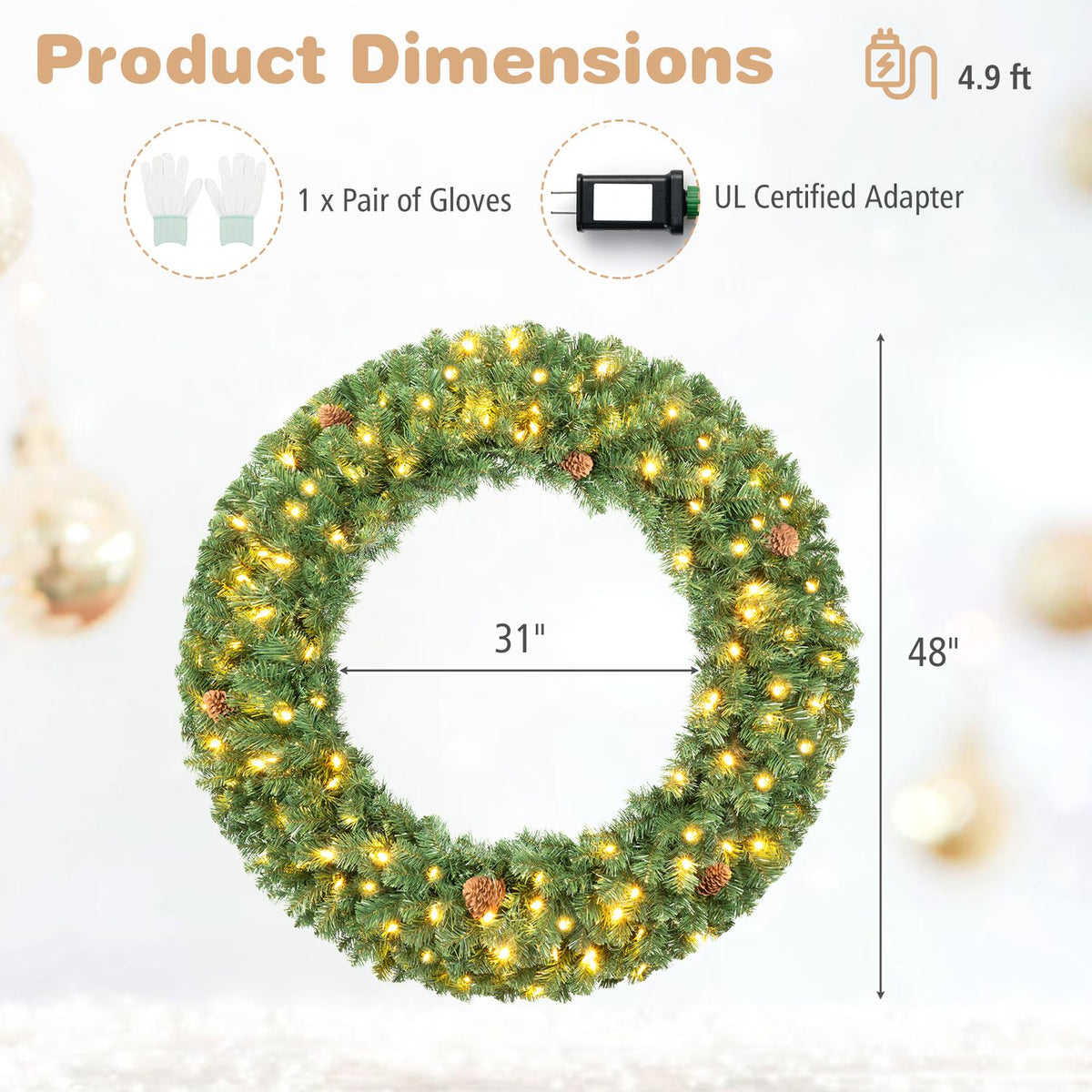48 Inch Large Pre-Lit Artificial Christmas Wreath
