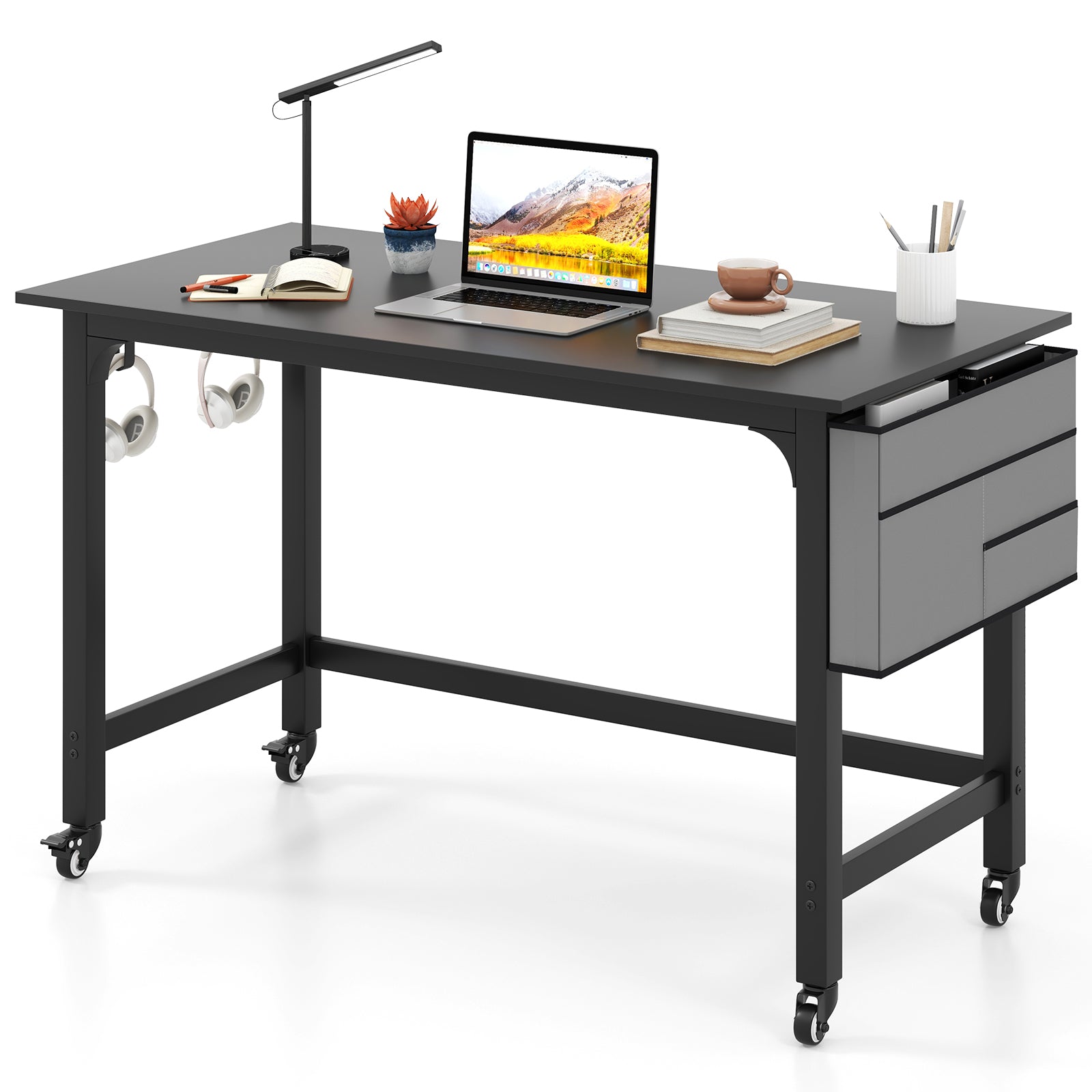 48 Inch Mobile Computer Workstation with 4 Smooth Casters-Black - Black