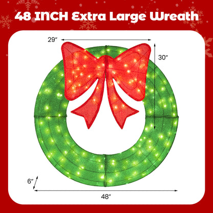 48 Inch Pre-Lit Lighted Christmas Mesh Wreath with Bow and 200 LED Bulbs-Green