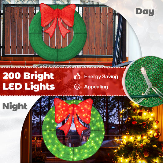 48 Inch Pre-Lit Lighted Christmas Mesh Wreath with Bow and 200 LED Bulbs-Green