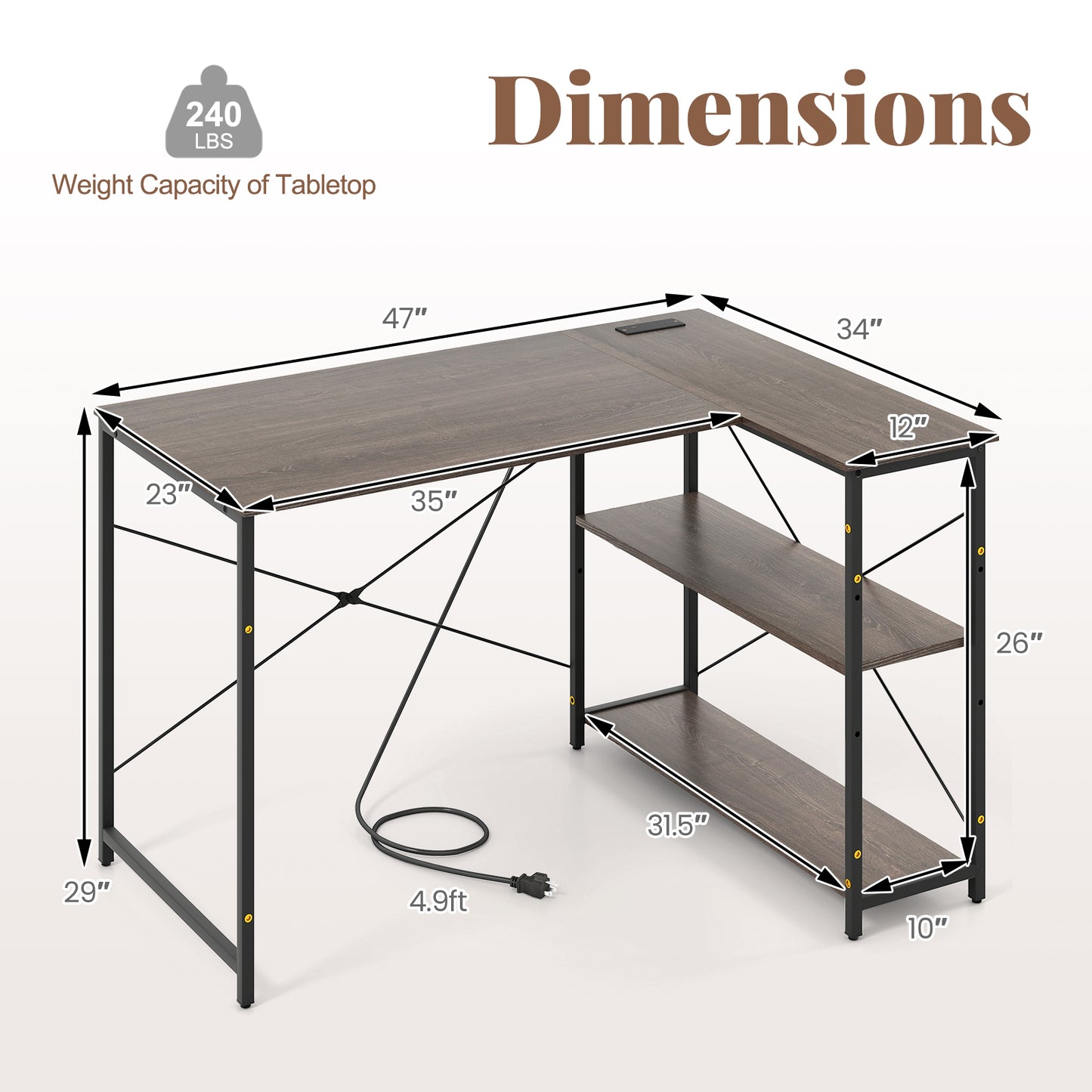 48 Inch Reversible L Shaped Computer Desk with Adjustable Shelf-Gray