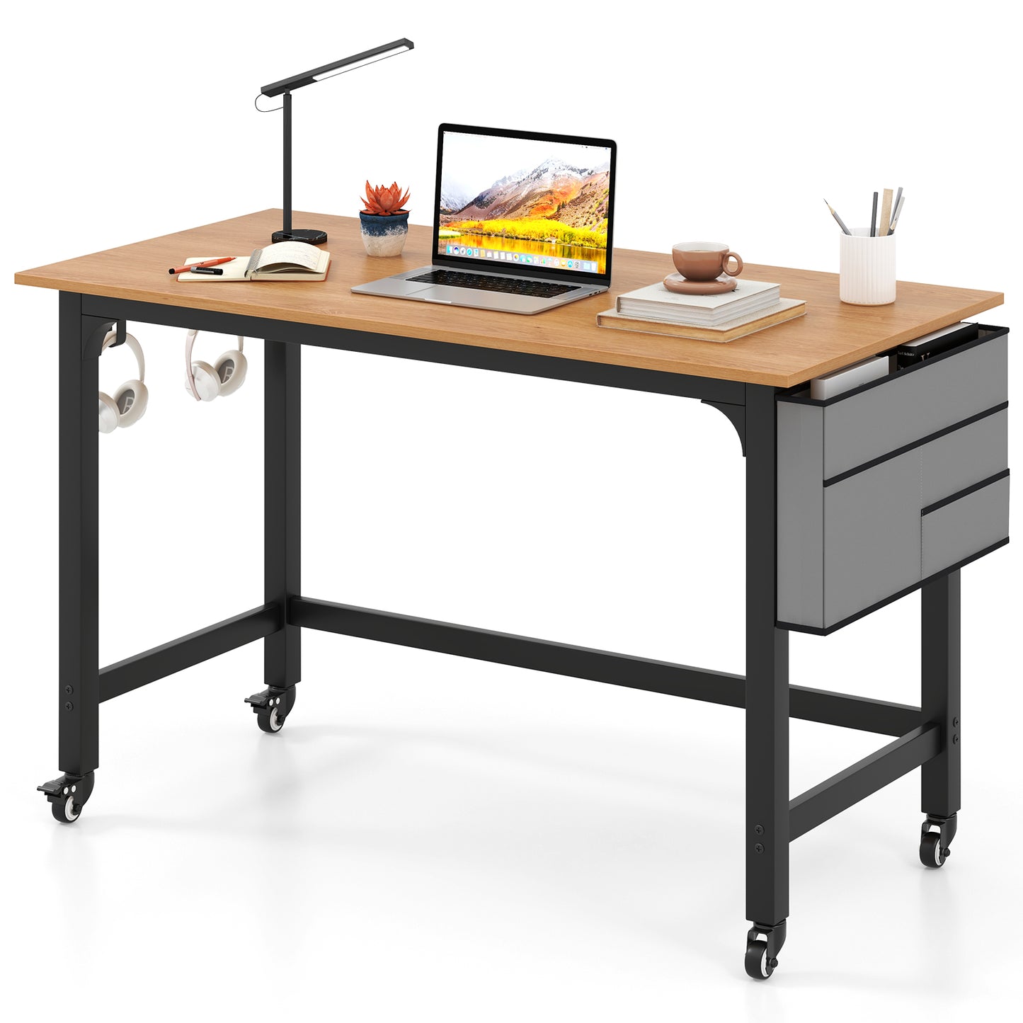48 Inch Mobile Computer Workstation with 4 Smooth Casters-Black - Natural