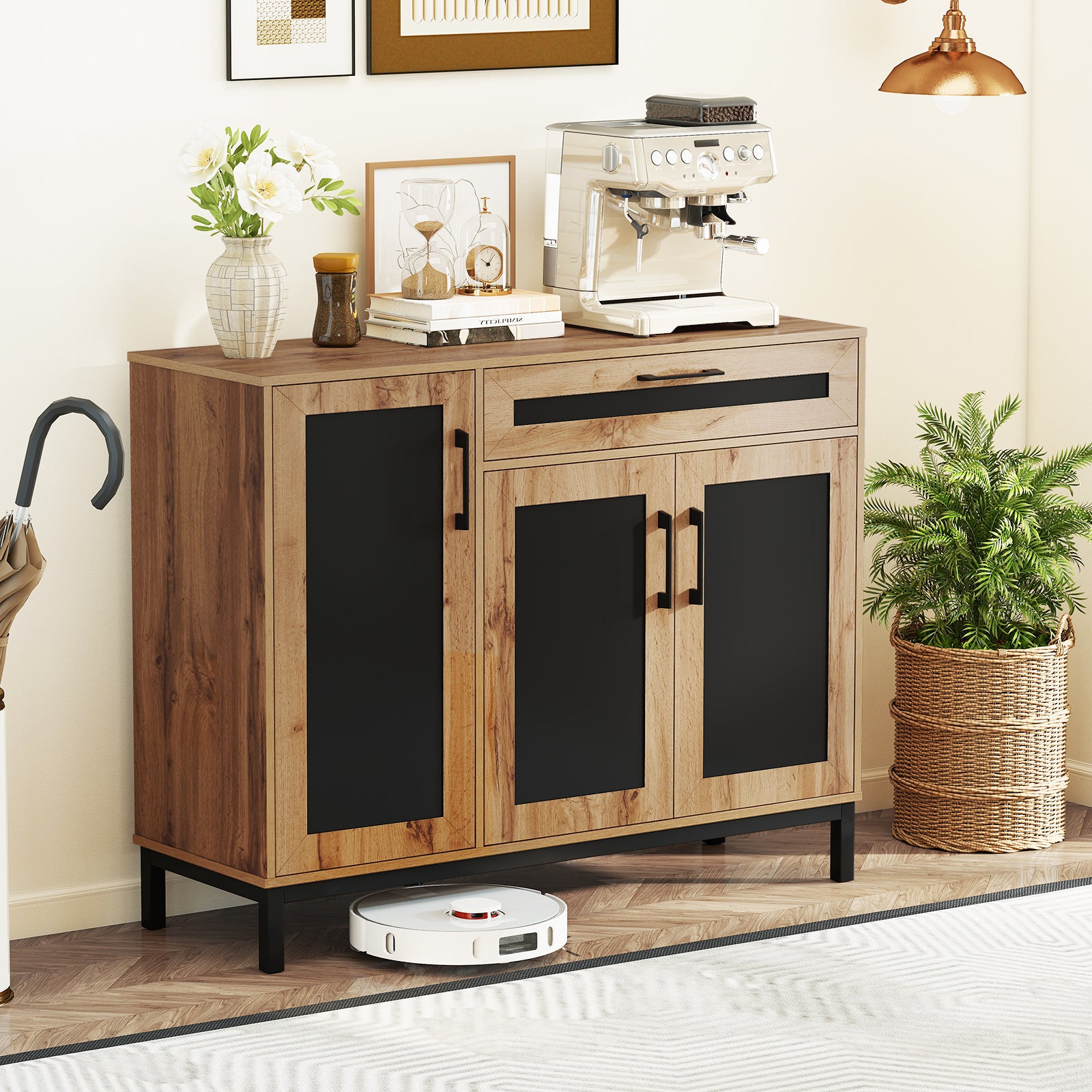 48 Inch Sideboard Buffet Cabinet with Drawer and Metal Legs-Natural