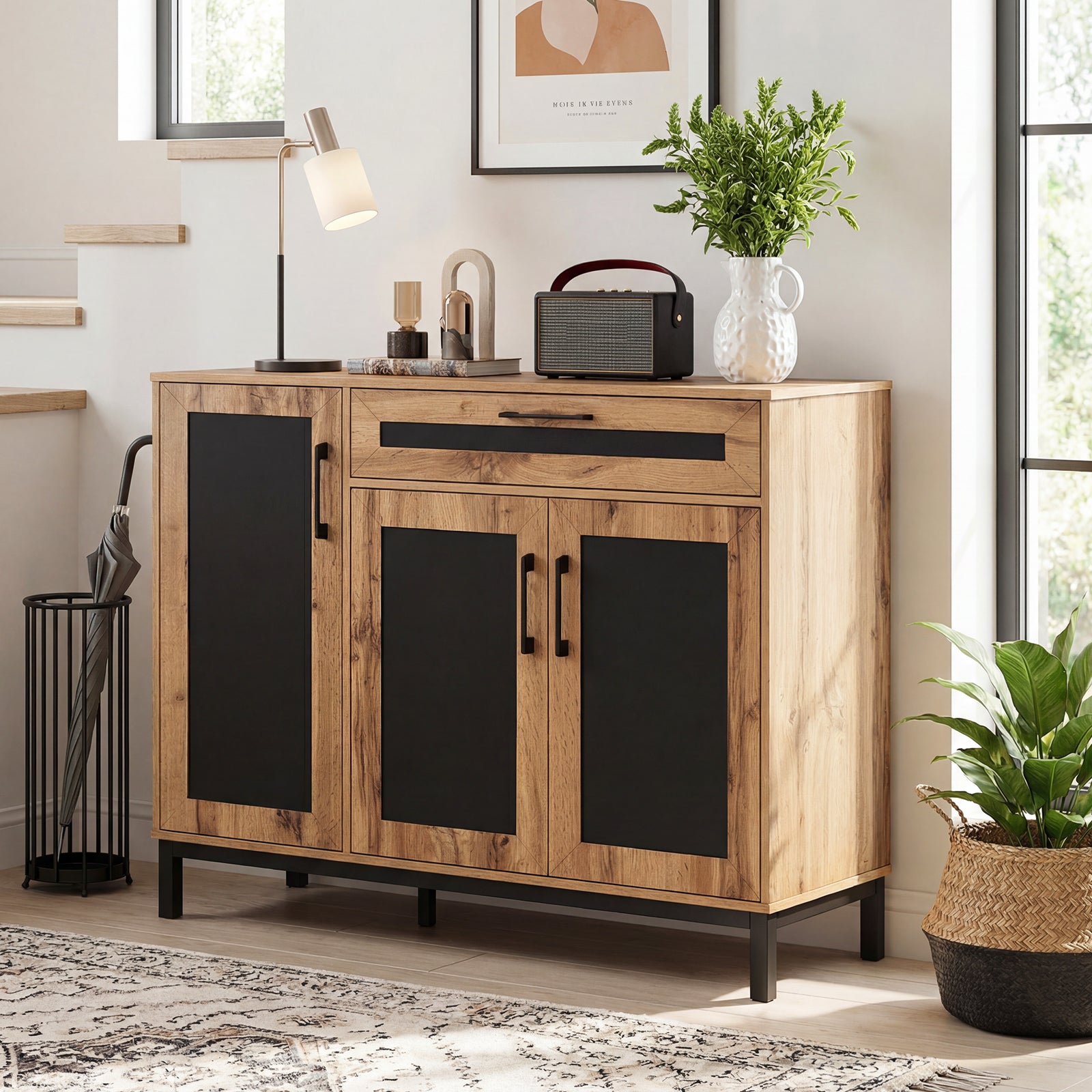 48 Inch Sideboard Buffet Cabinet with Drawer and Metal Legs-Natural