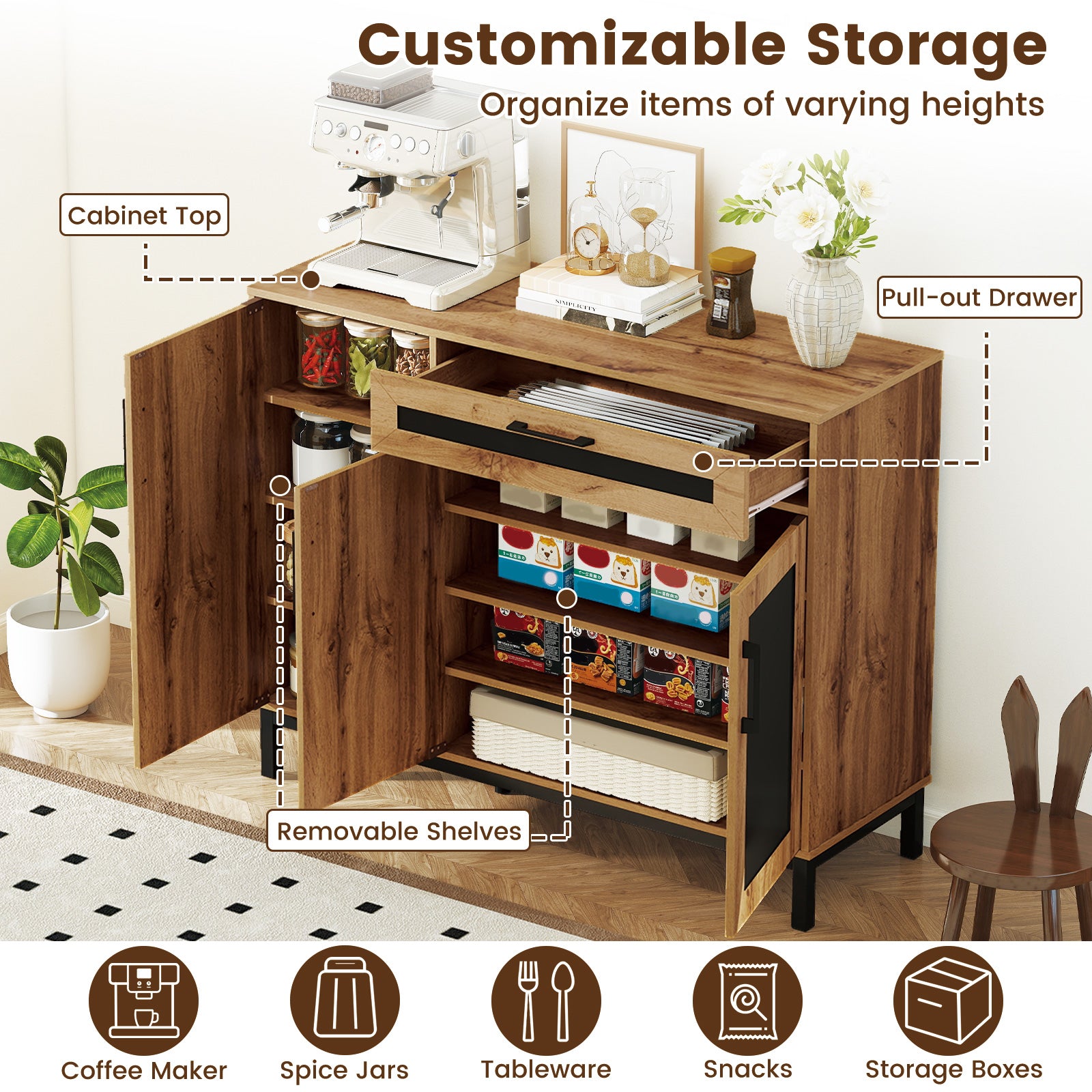 48 Inch Sideboard Buffet Cabinet with Drawer and Metal Legs-Natural