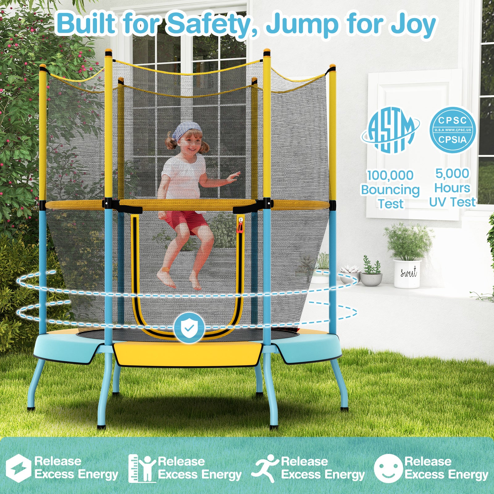 48 Inch Toddler Trampoline with Safety Enclosure Net-Yellow - Yellow