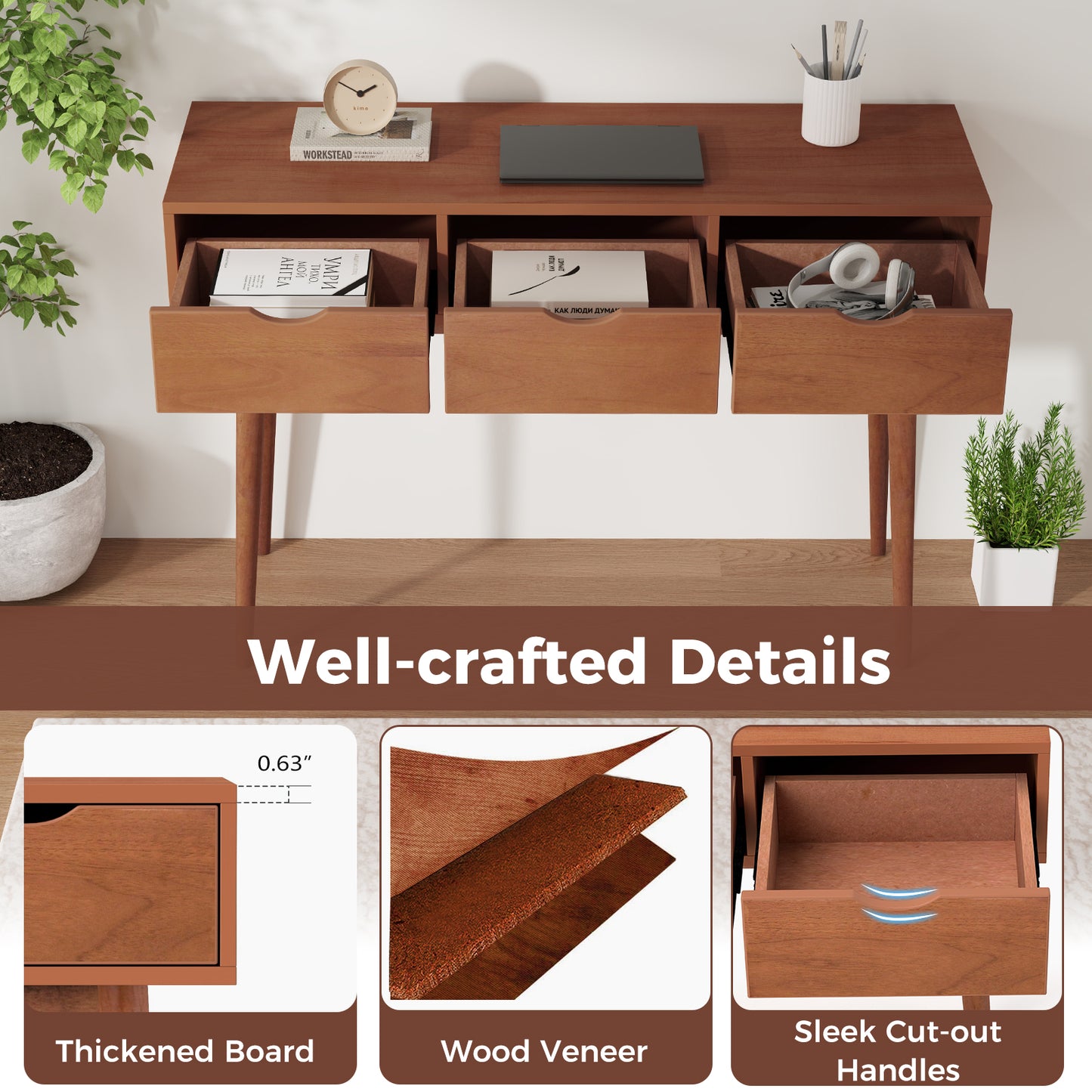 48 Inch Writing Computer Desk with 3 Drawers Solid Wood Legs-Walnut