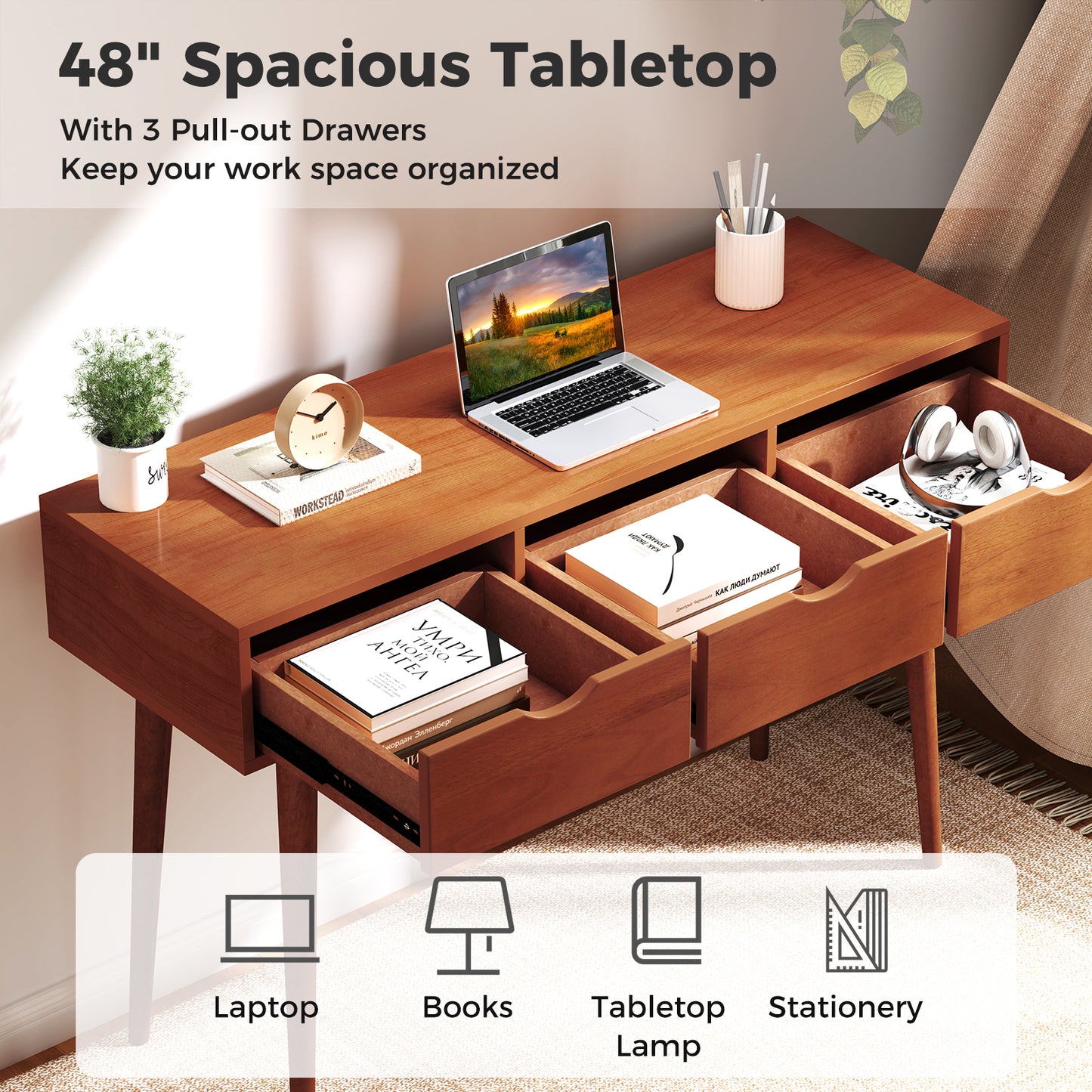 48 Inch Writing Computer Desk with 3 Drawers Solid Wood Legs-Walnut