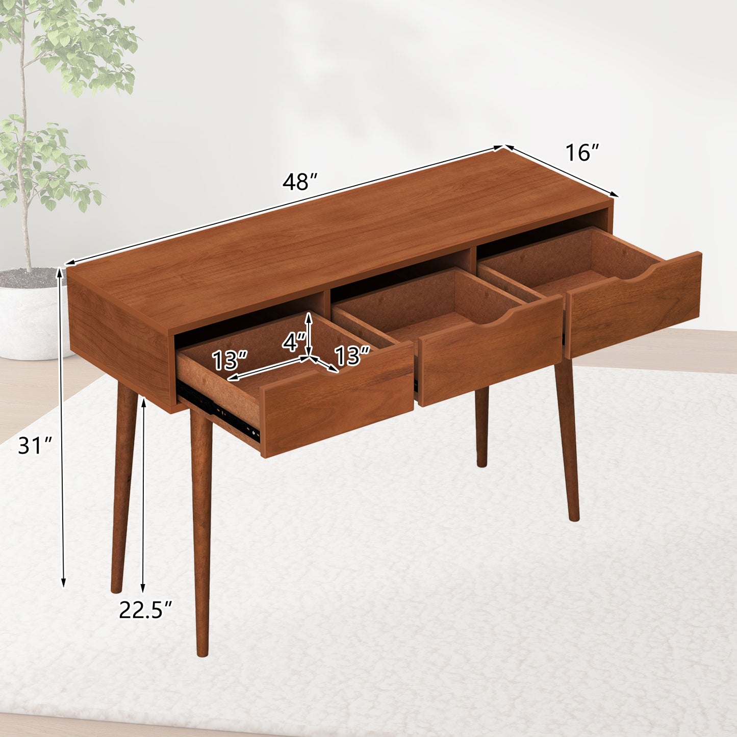 48 Inch Writing Computer Desk with 3 Drawers Solid Wood Legs-Walnut