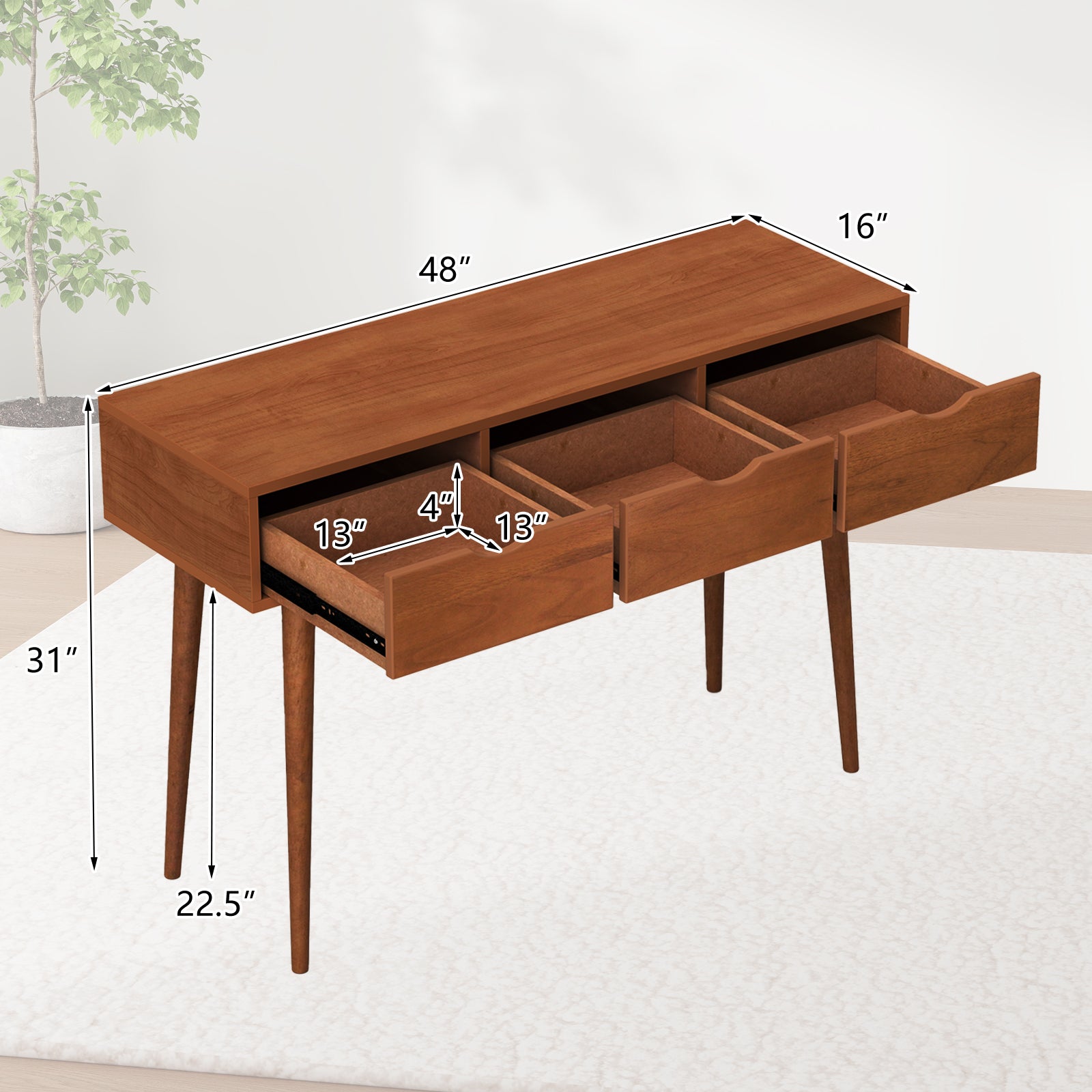 48 Inch Writing Computer Desk with 3 Drawers Solid Wood Legs-Walnut