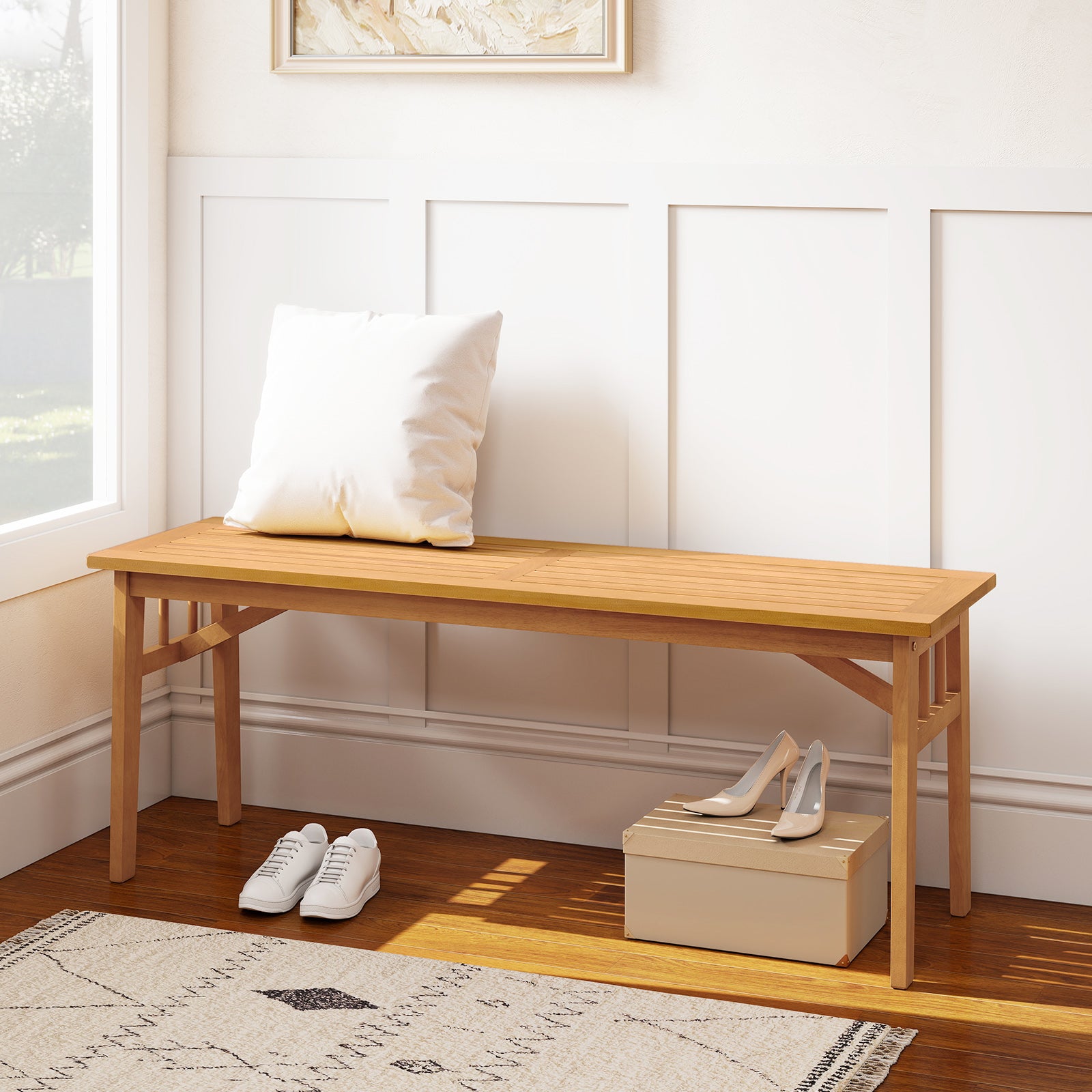48 Inches Acacia Wood Bench with Breathable Slat Seat and Stable Triangular Structure-1