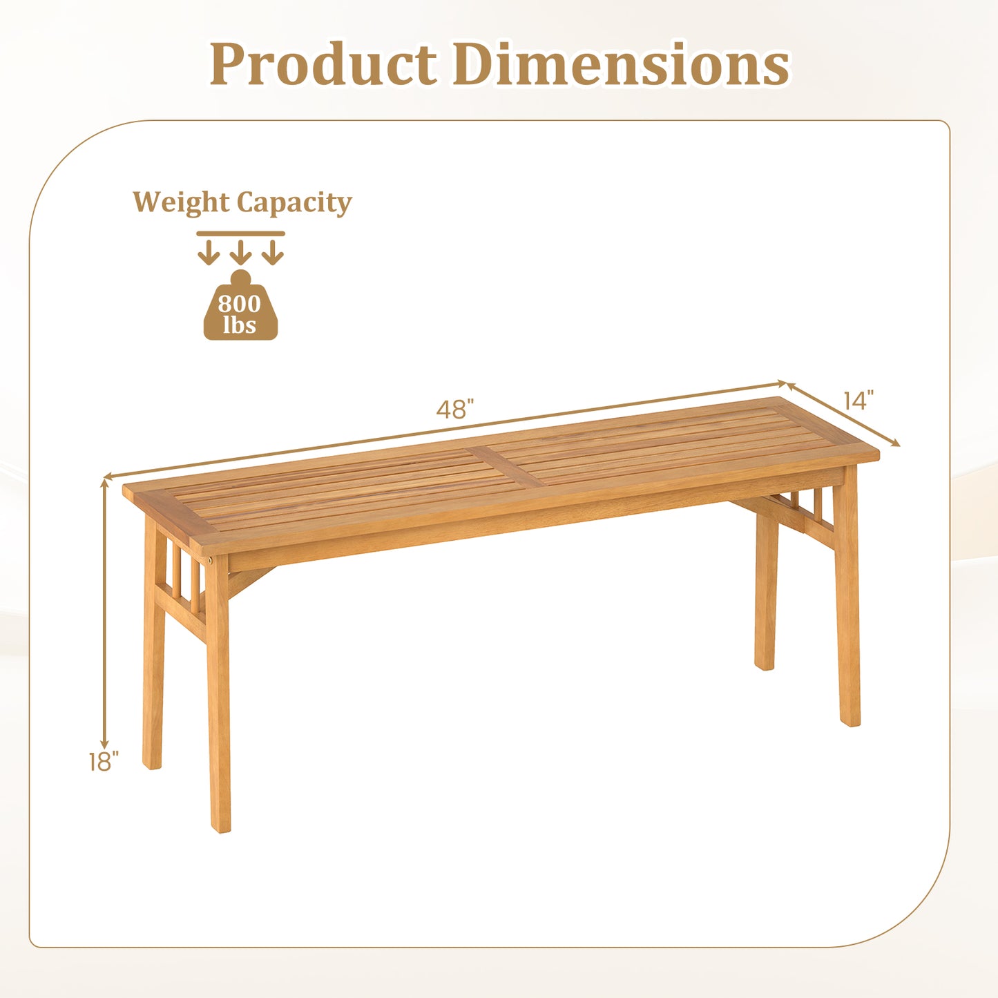 48 Inches Acacia Wood Bench with Breathable Slat Seat and Stable Triangular Structure-2