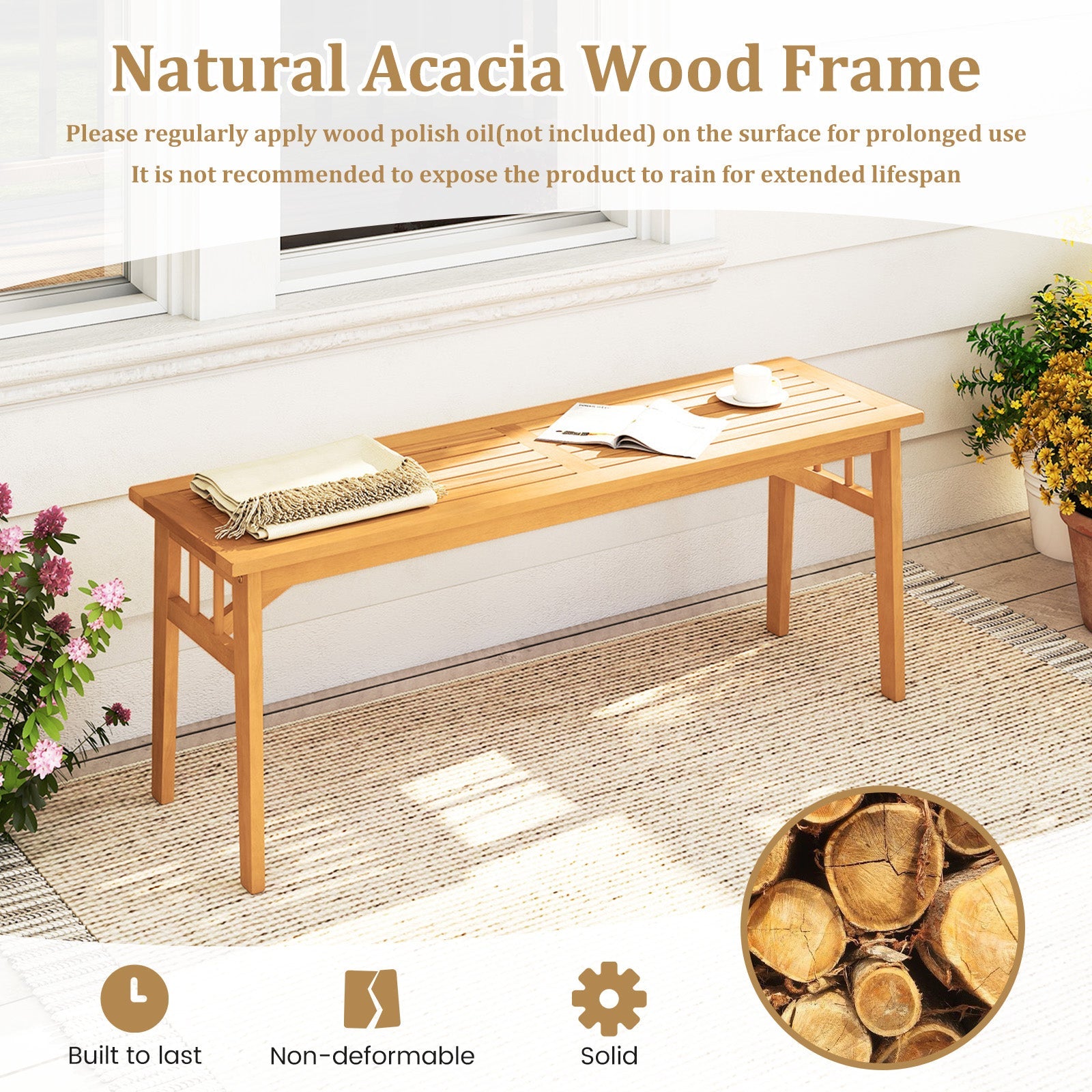 48 Inches Acacia Wood Bench with Breathable Slat Seat and Stable Triangular Structure-2