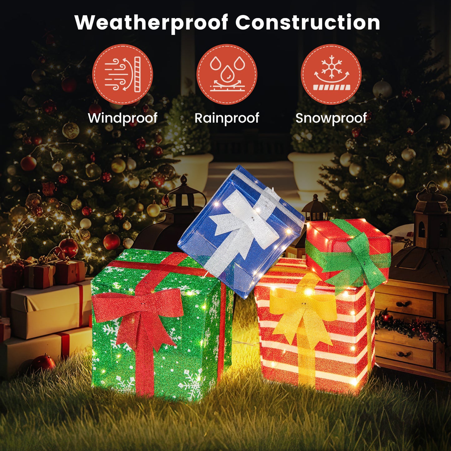 48 Inches Lighted Stacked Gift Boxes with Built-in LED Lights and Decorative Bows