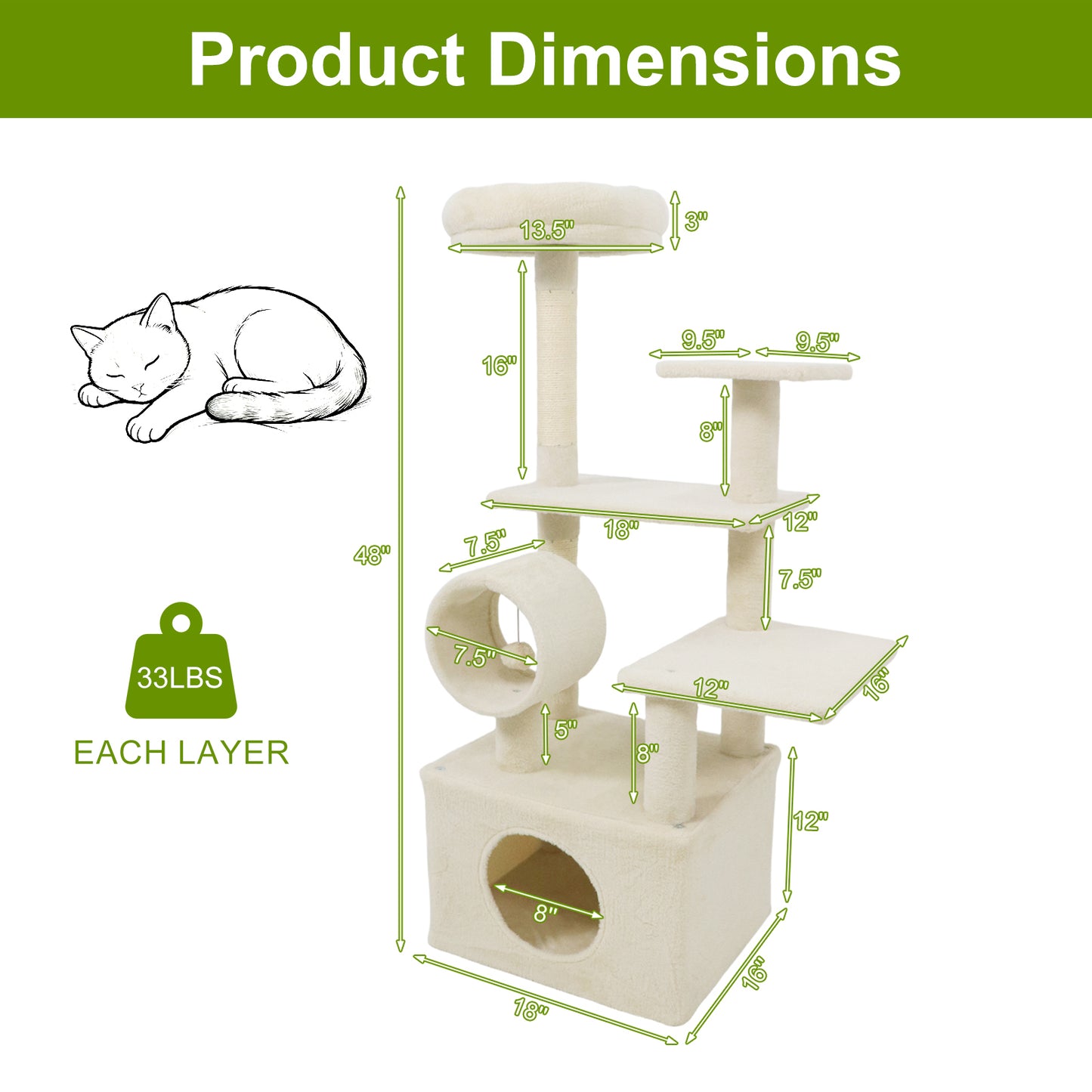 48 Inches Tall Cat Tree Multi-Level Kitten Tower with Large Condo Padded Top Perch-Beige
