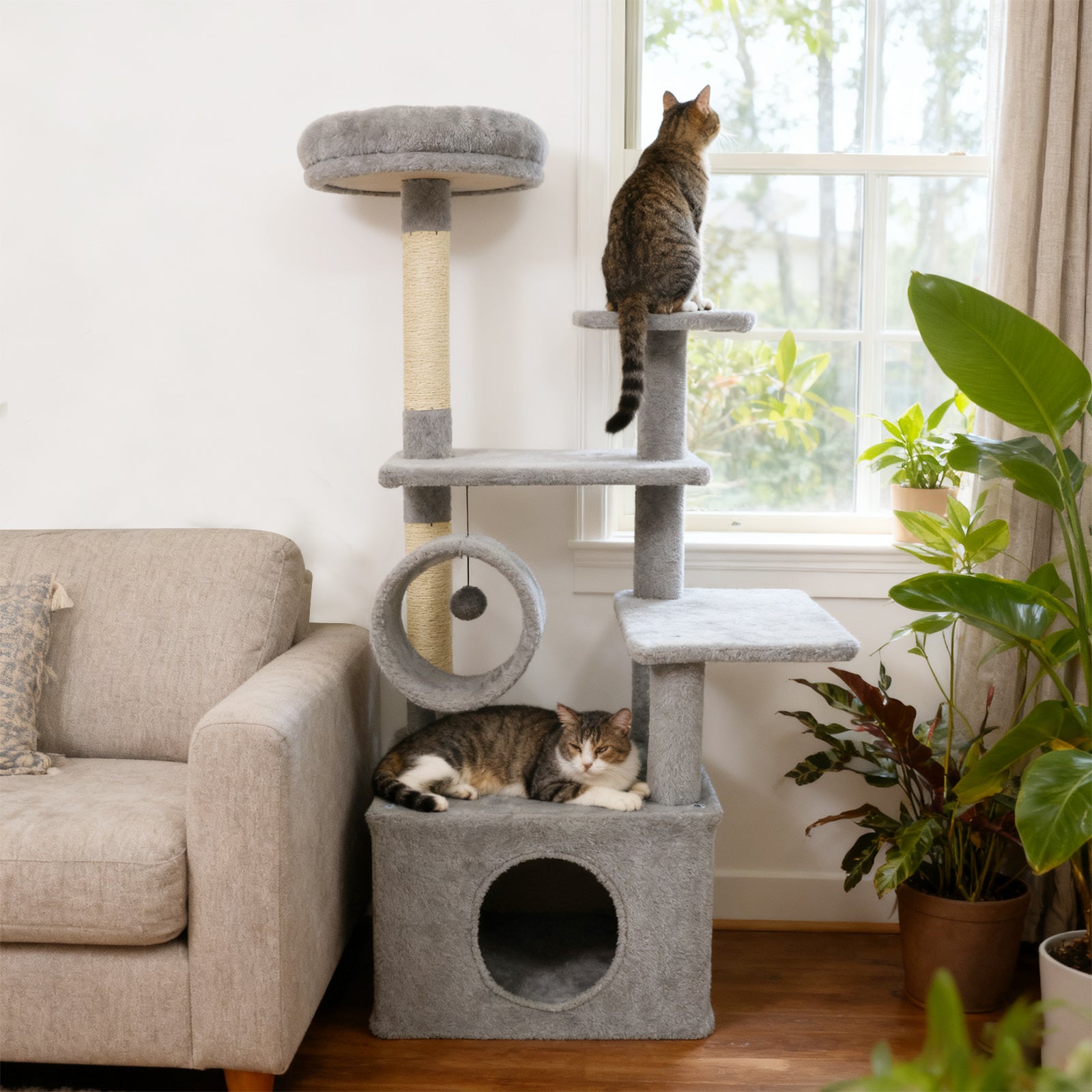 48 Inches Tall Cat Tree Multi-Level Kitten Tower with Large Condo Padded Top Perch-Light Gray