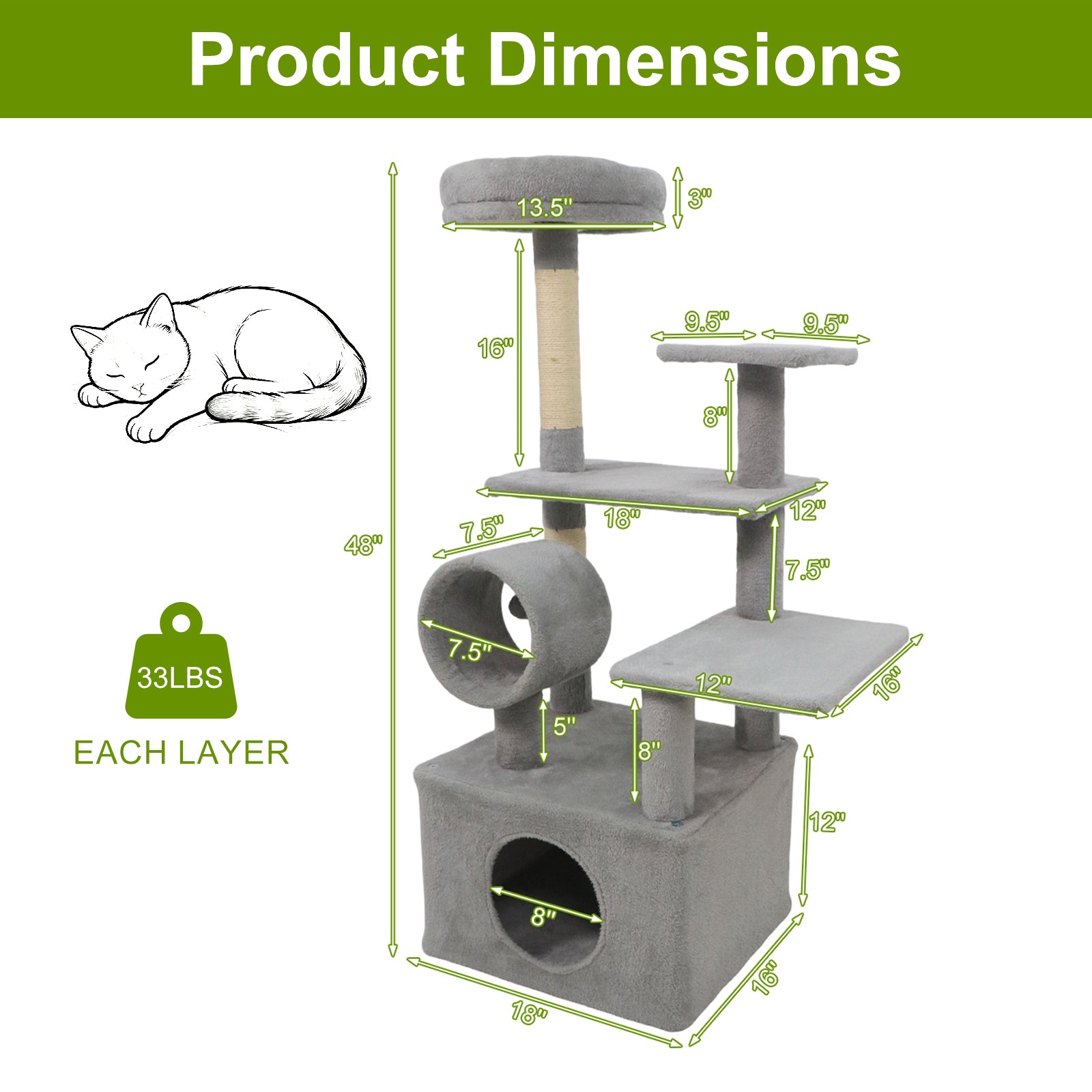 48 Inches Tall Cat Tree Multi-Level Kitten Tower with Large Condo Padded Top Perch-Light Gray