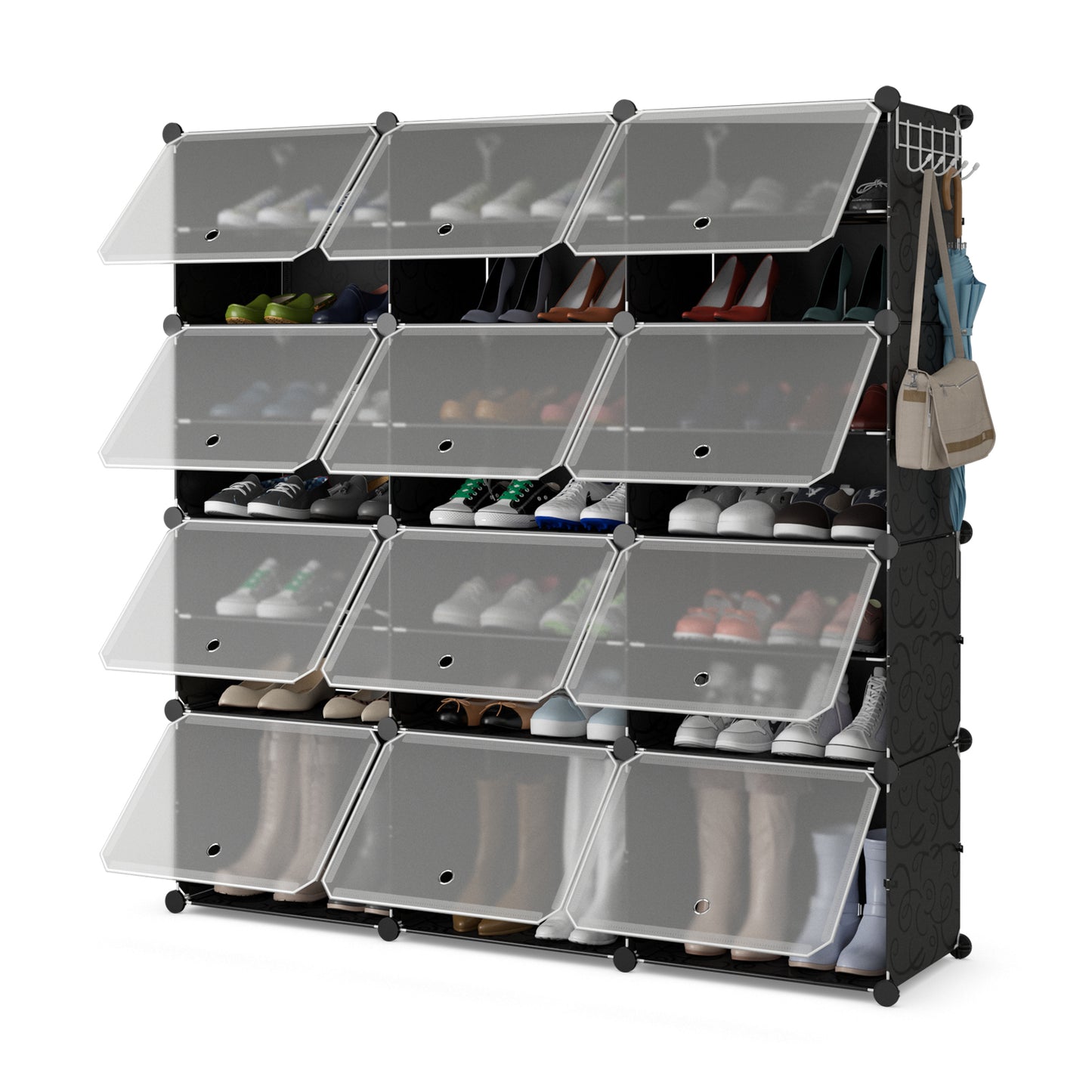 12-Cube 48 Pairs Portable Shoe Shelves with Hook-White - Black