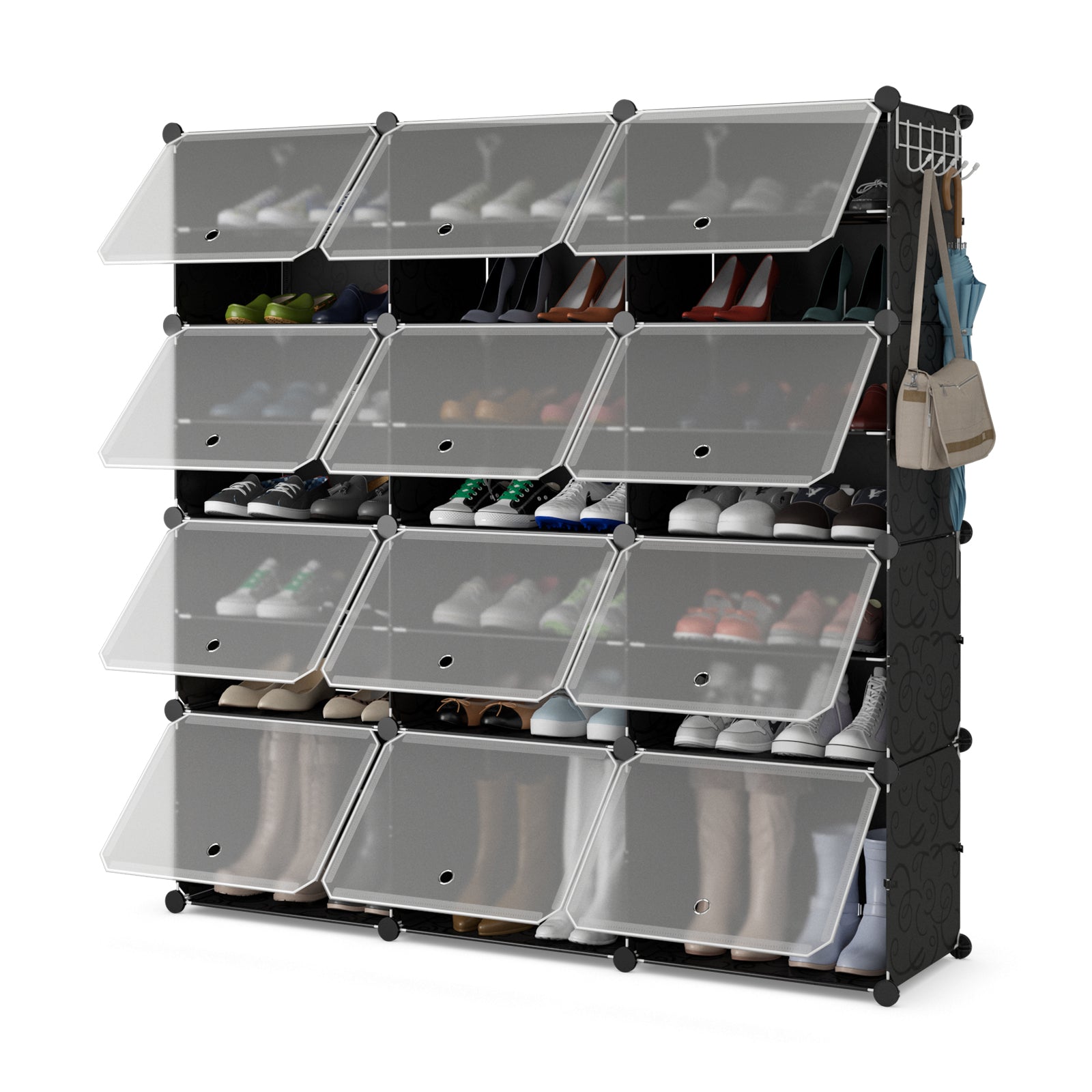 12-Cube 48 Pairs Portable Shoe Shelves with Hook-White - Black
