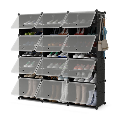 12-Cube 48 Pairs Portable Shoe Shelves with Hook-White - Black