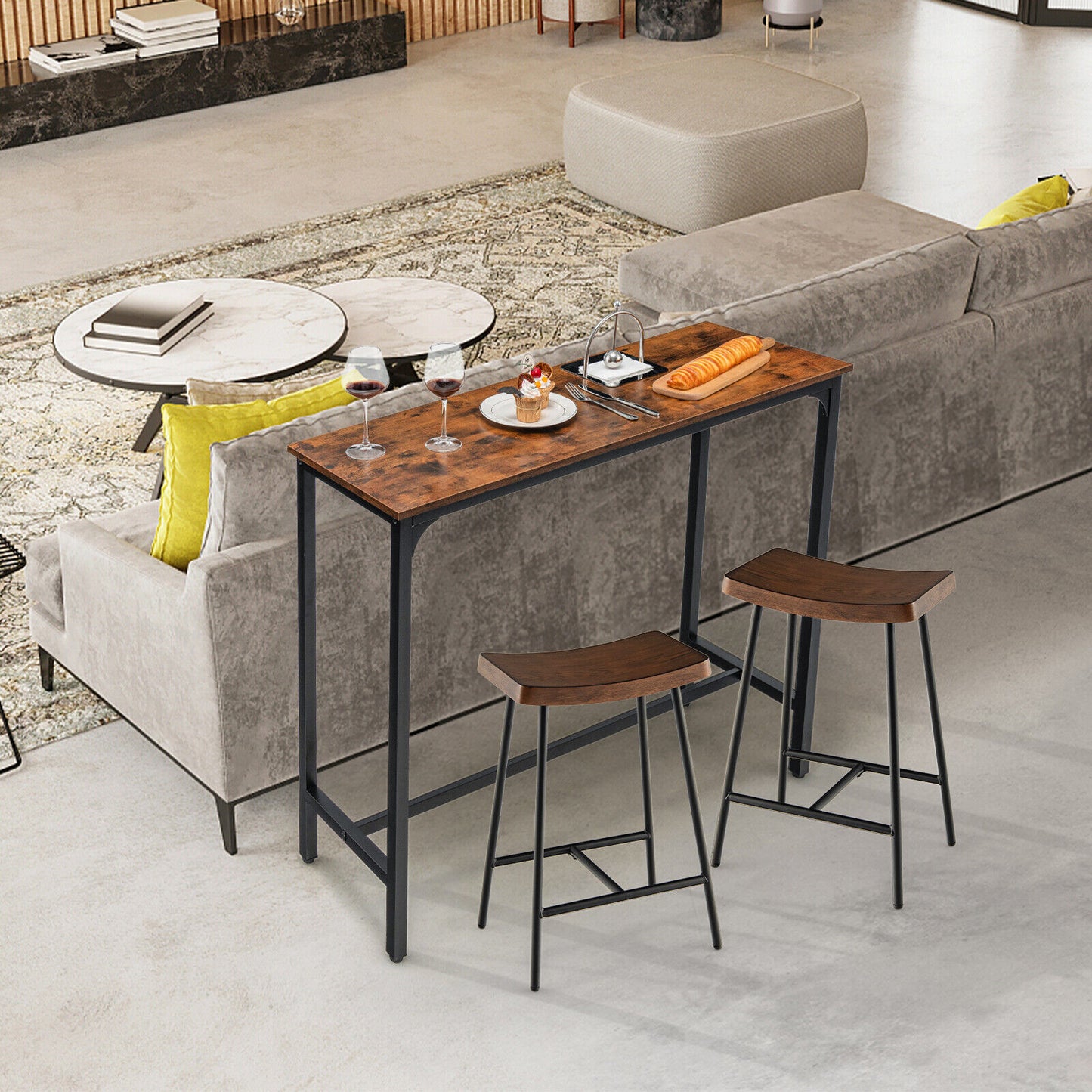 48 Inch Industrial Pub Dining Table with Steel Frame-Rustic Brown