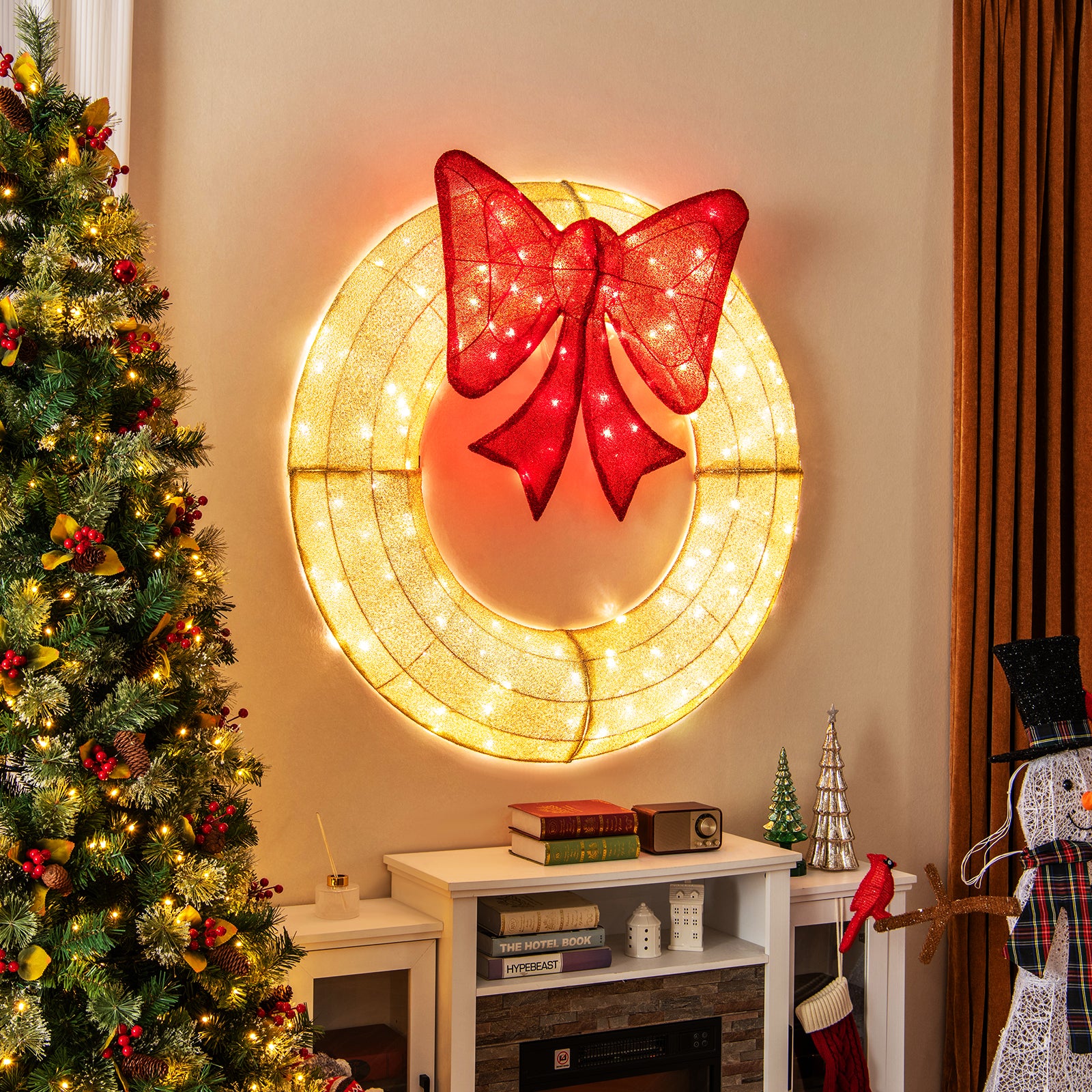 48 Inch Pre-Lit Lighted Christmas Mesh Wreath with Large Bow and 200 LED Bulbs