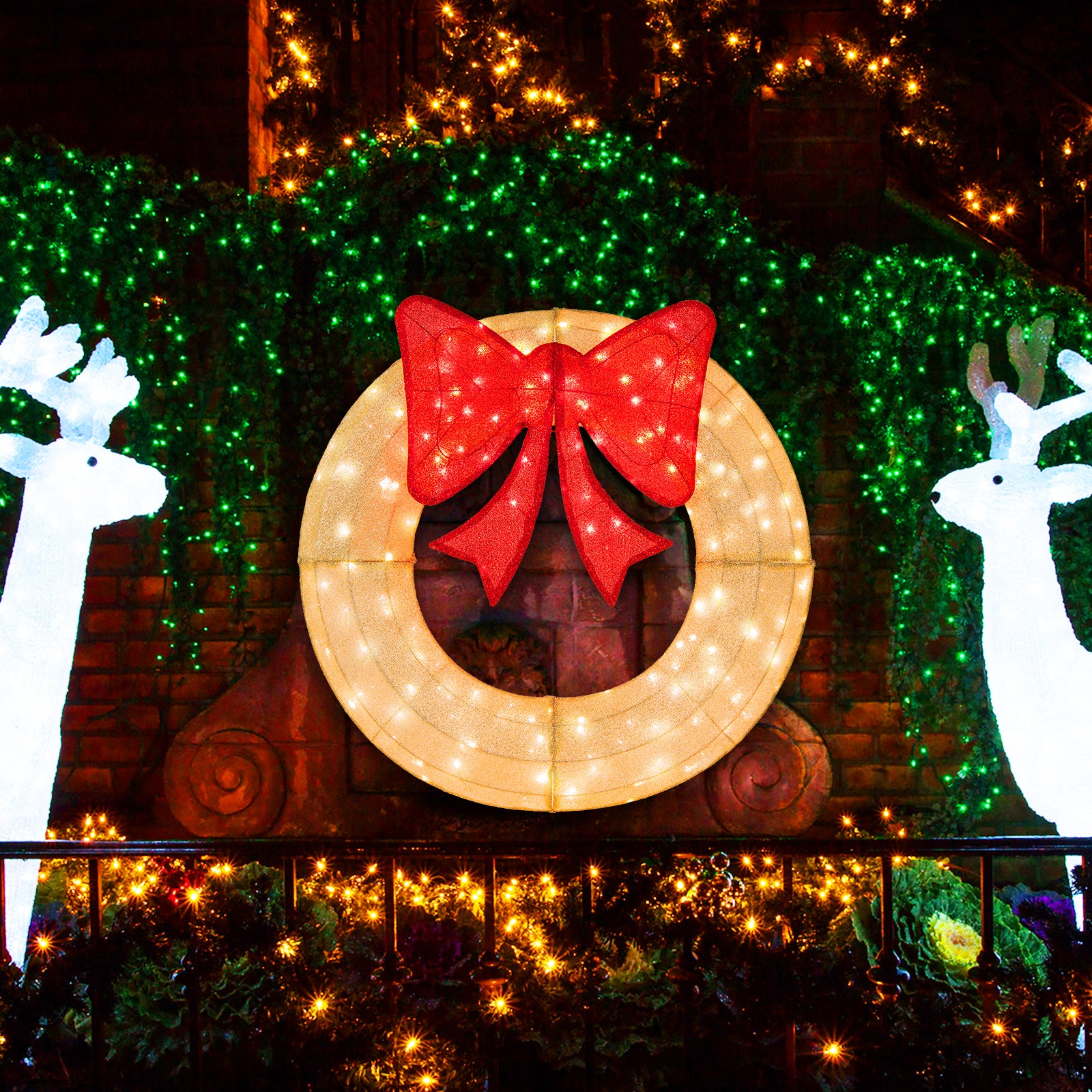 48 Inch Pre-Lit Lighted Christmas Mesh Wreath with Large Bow and 200 LED Bulbs