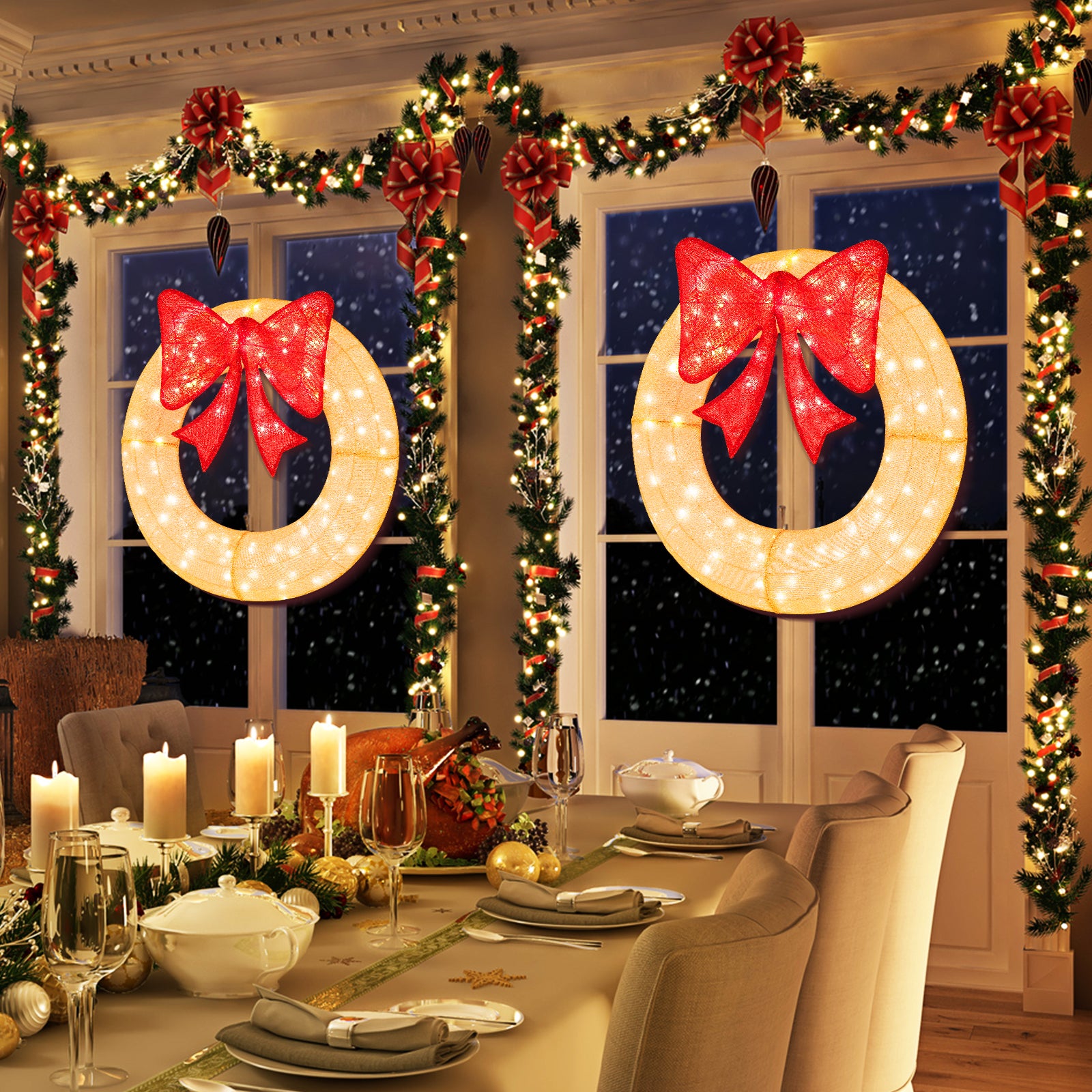 48 Inch Pre-Lit Lighted Christmas Mesh Wreath with Large Bow and 200 LED Bulbs