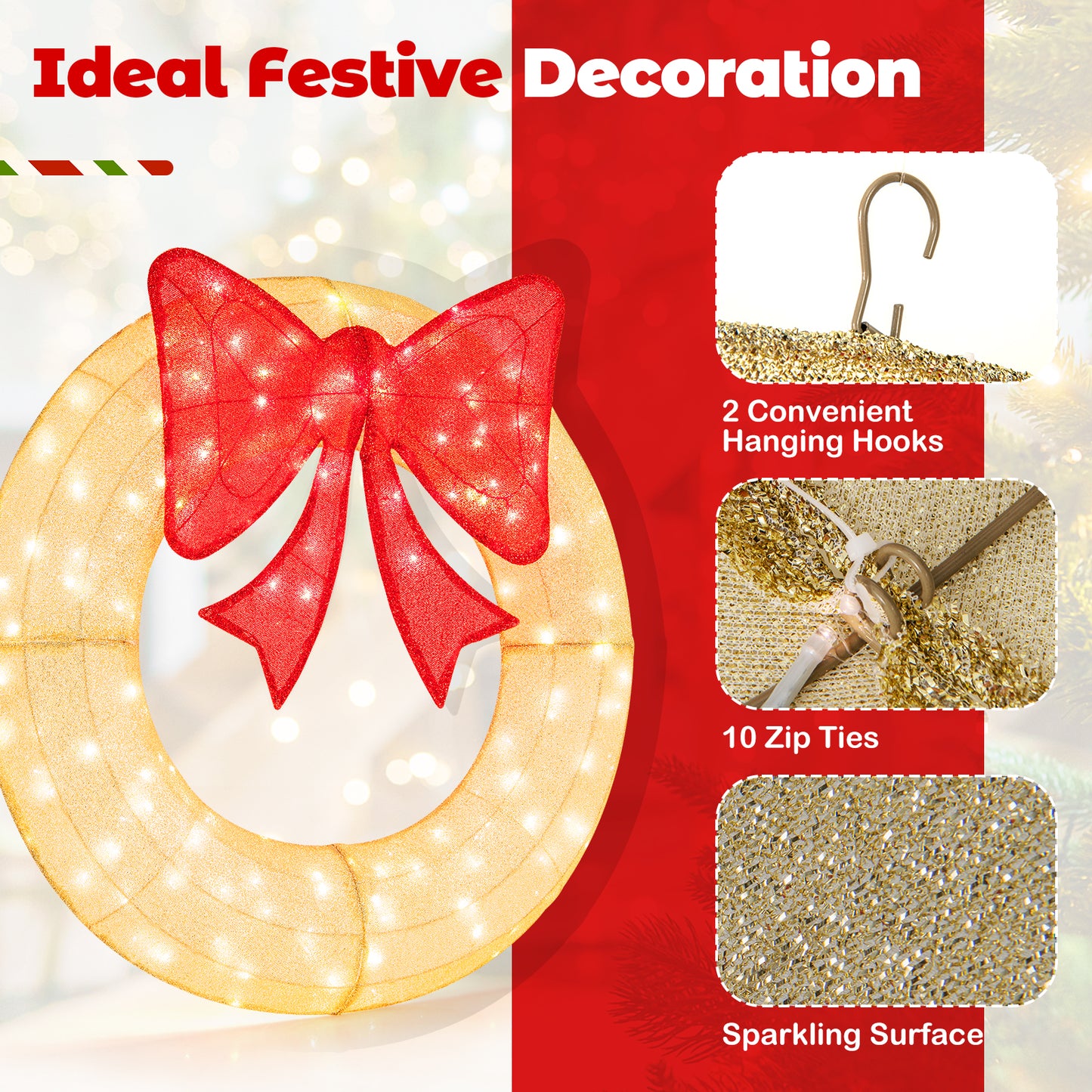 48 Inch Pre-Lit Lighted Christmas Mesh Wreath with Large Bow and 200 LED Bulbs