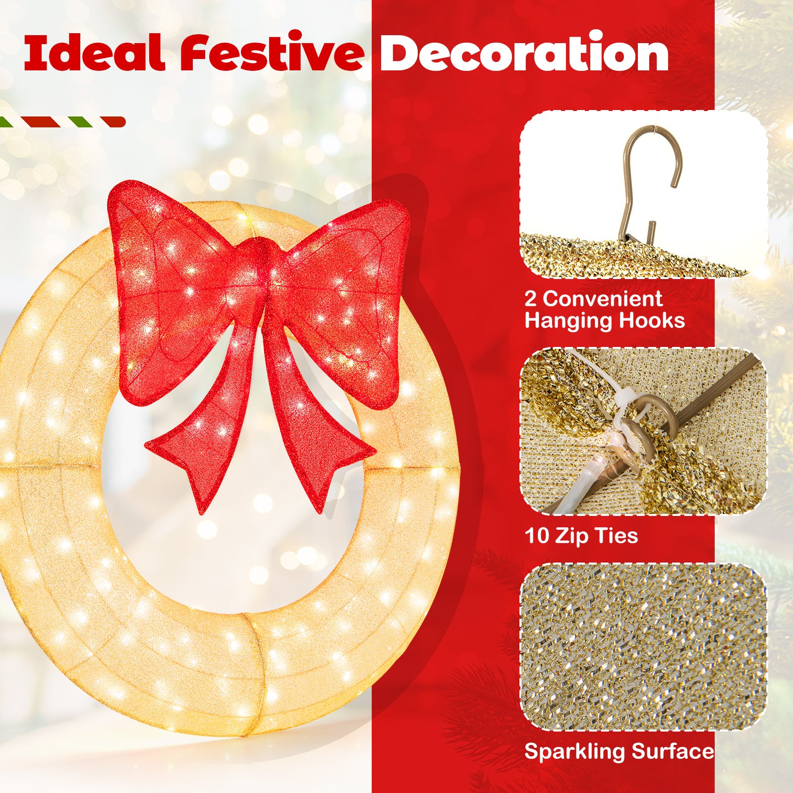 48 Inch Pre-Lit Lighted Christmas Mesh Wreath with Large Bow and 200 LED Bulbs