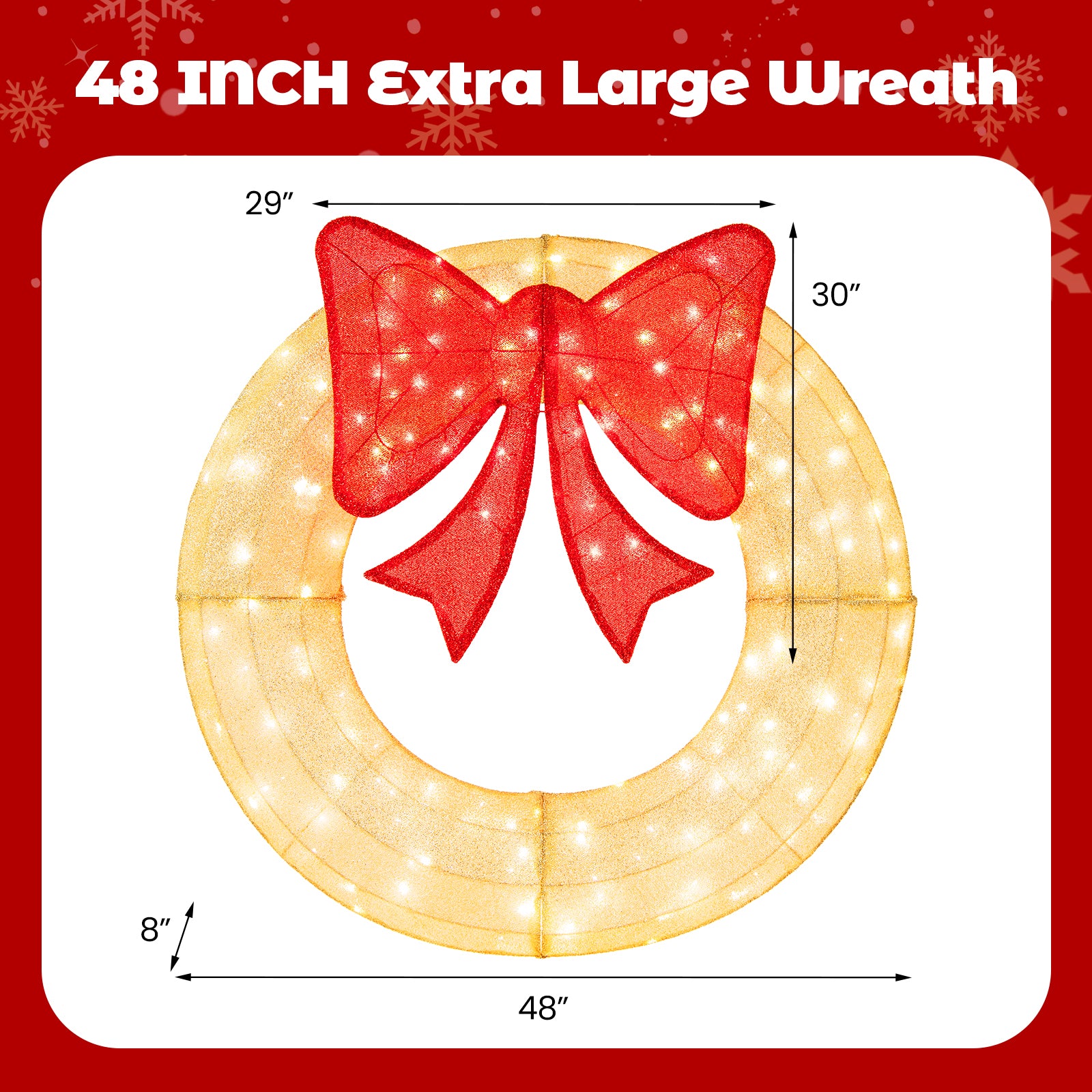 48 Inch Pre-Lit Lighted Christmas Mesh Wreath with Large Bow and 200 LED Bulbs