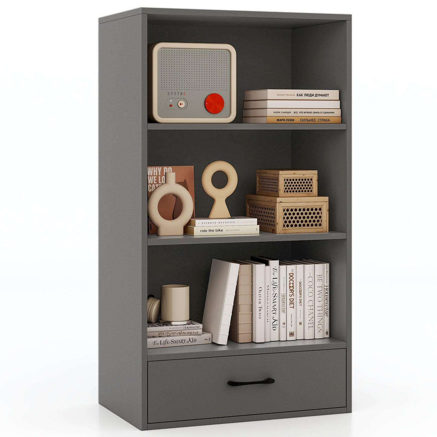 48 Inch Tall 4 Tiers Wood Bookcase with Drawer-Black - Gray