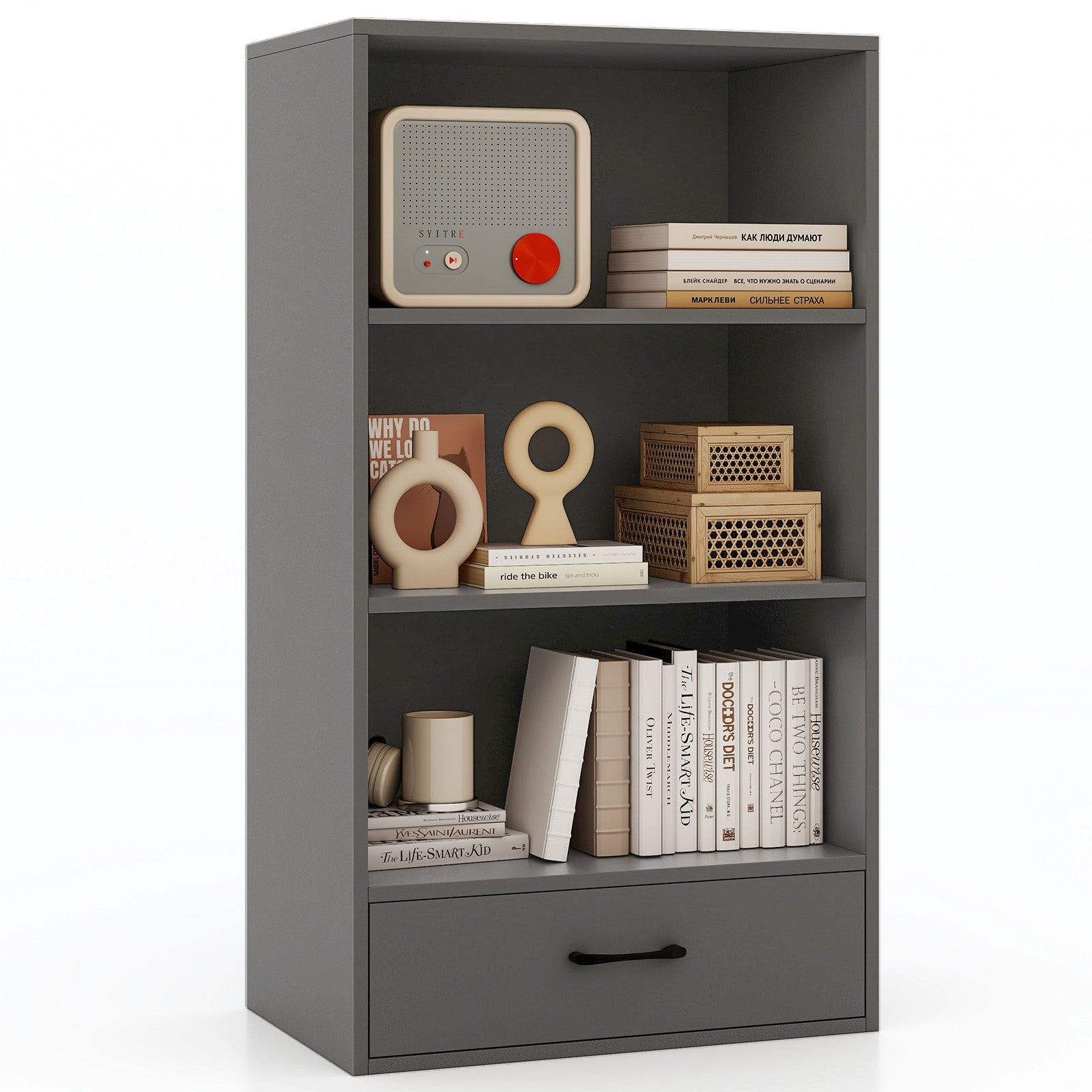 48 Inch Tall 4 Tiers Wood Bookcase with Drawer-Black - Gray