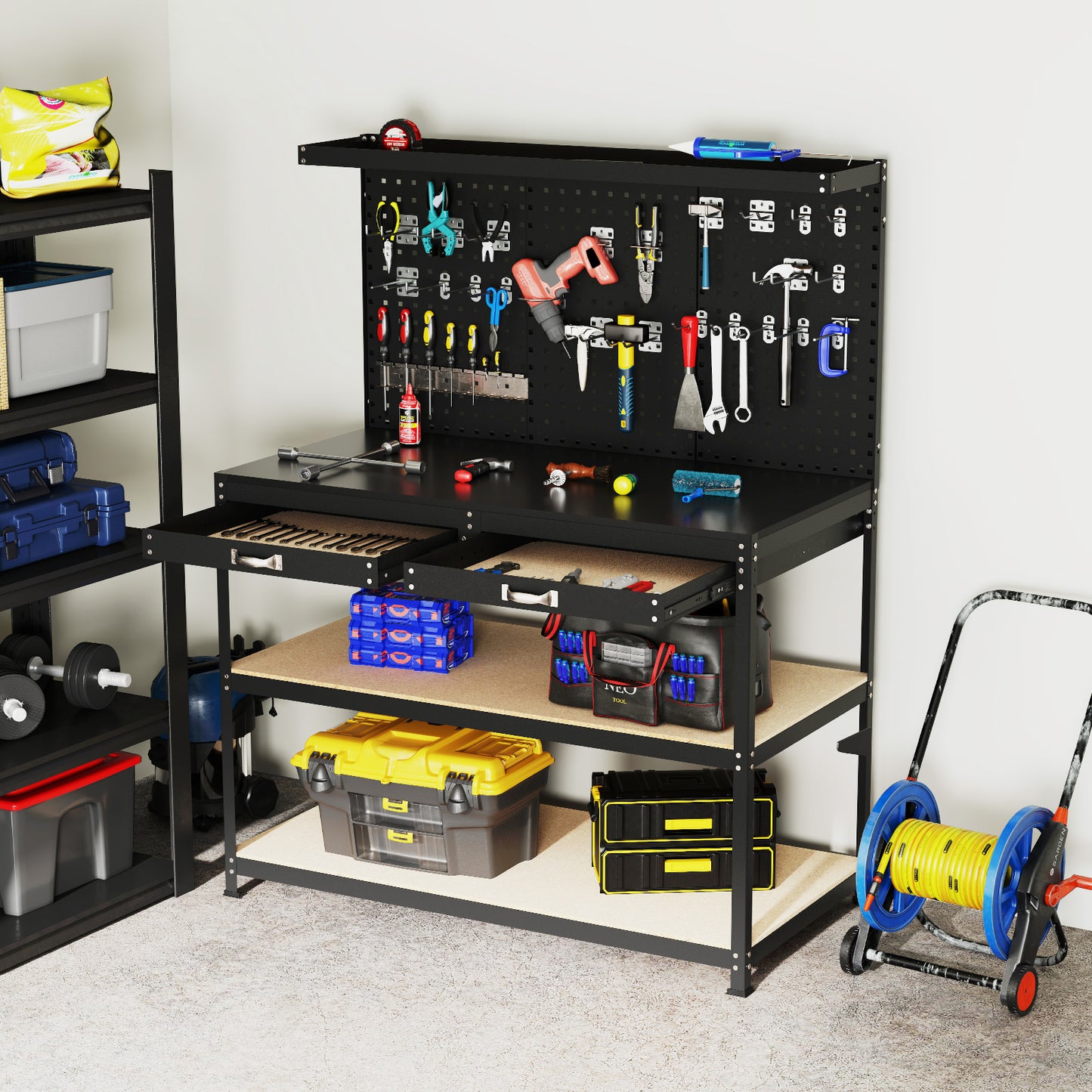 48 x 24 Inch Workbench Work Table with 3 PCs Pegboard Drawer and Shelves