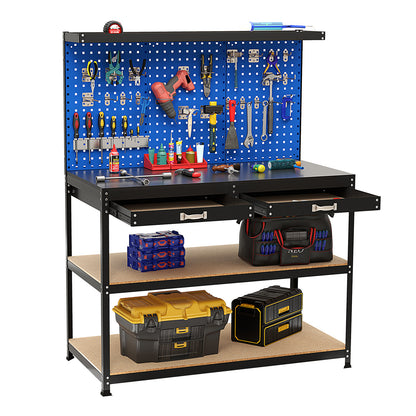 48 x 24 Inch Workbench Work Table with 3 PCs Pegboard Drawer and Shelves-Black - Navy