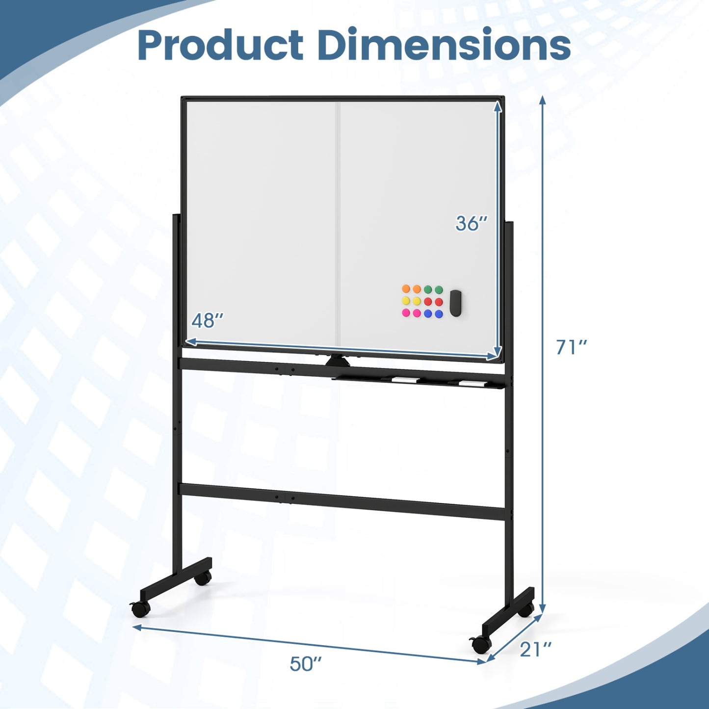 48" x 36" Double-Sided Mobile Whiteboard with Lockable Wheels